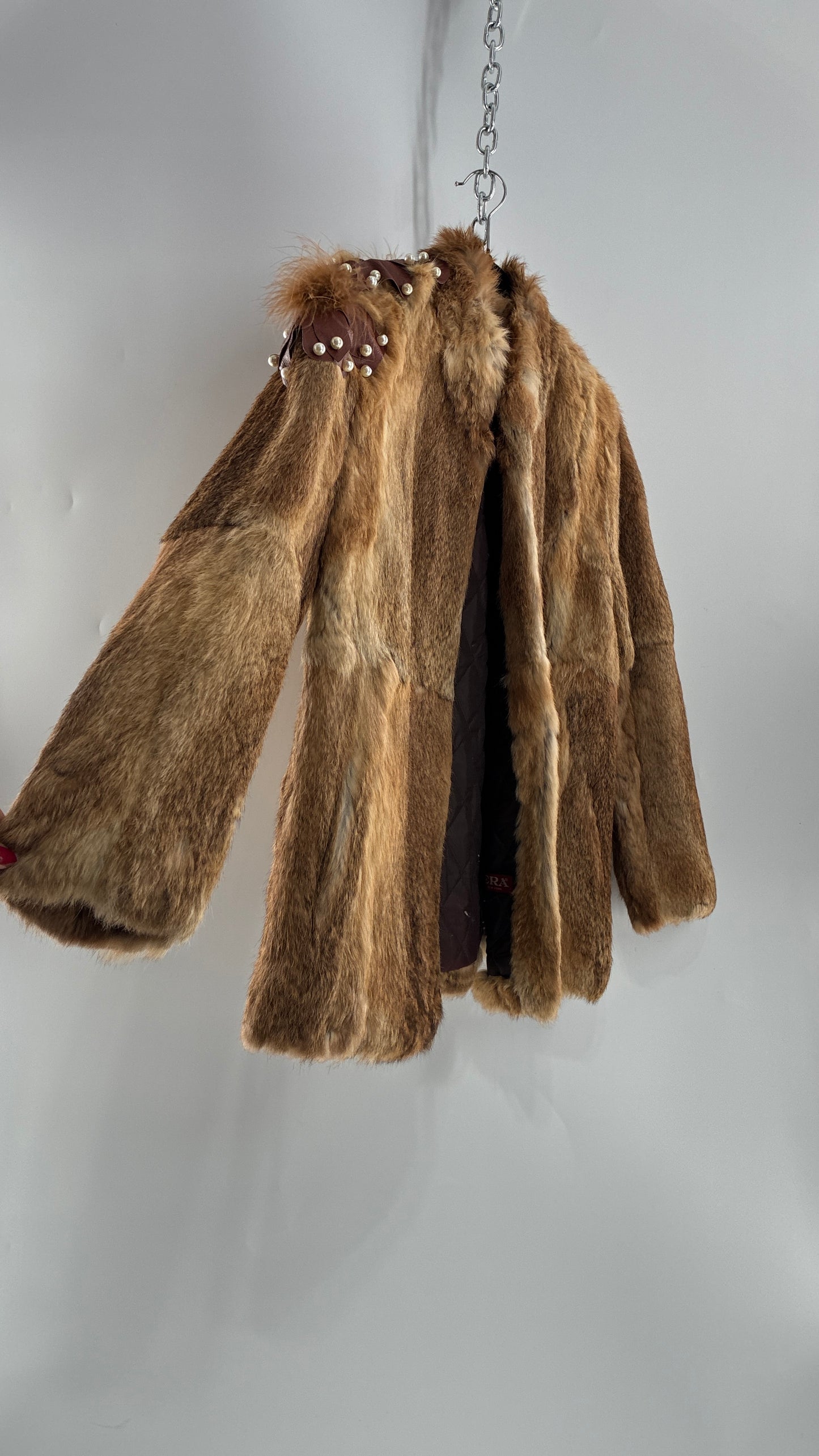 Vintage OPERA Montreal New York Genuine Fur Coat with Pearl Embellished Leather Flower Appliqués (Medium)