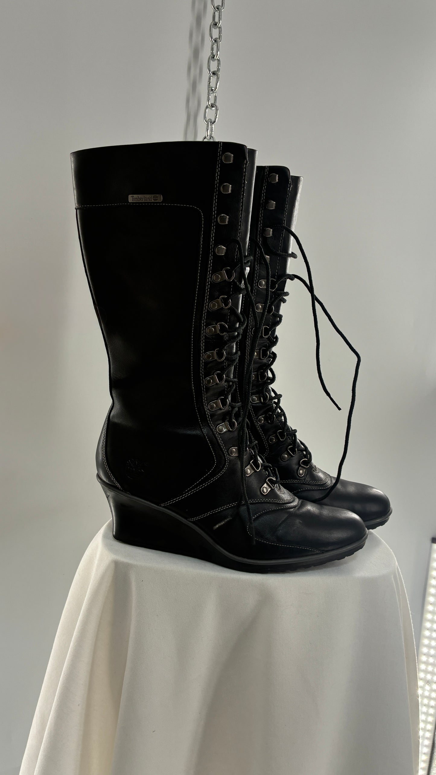 Vintage TIMBERLAND Black Genuine Leather Wedge Boots (10)