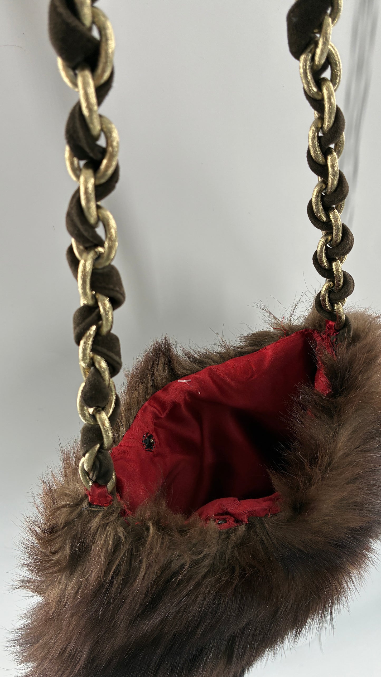 Vintage Handmade Genuine Fur Bag with Heavy Interlaced Gold Chain Strap