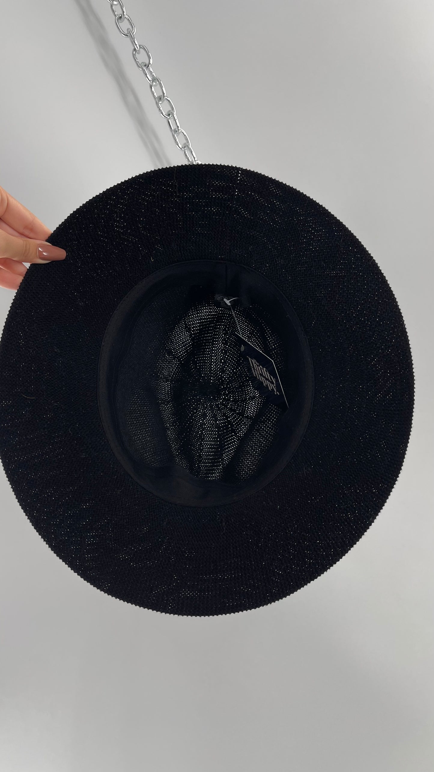 Free People Black 55% Cotton Woven Sun Hat with Textured Fur Belt