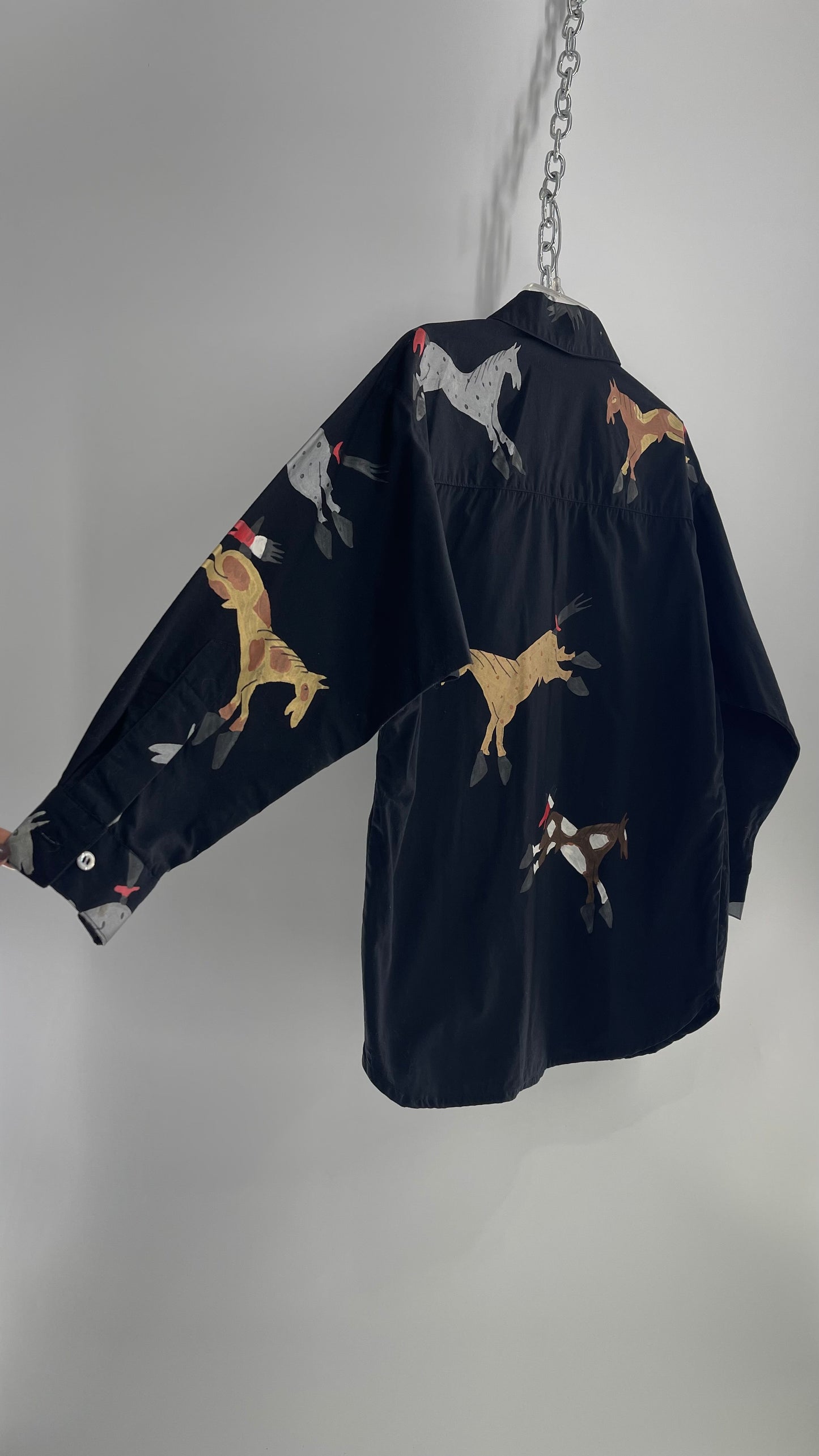 WHERE ITAT Black Button Up with Hand Painted Horses 100% Pima Cotton with Tags Attached (Small)