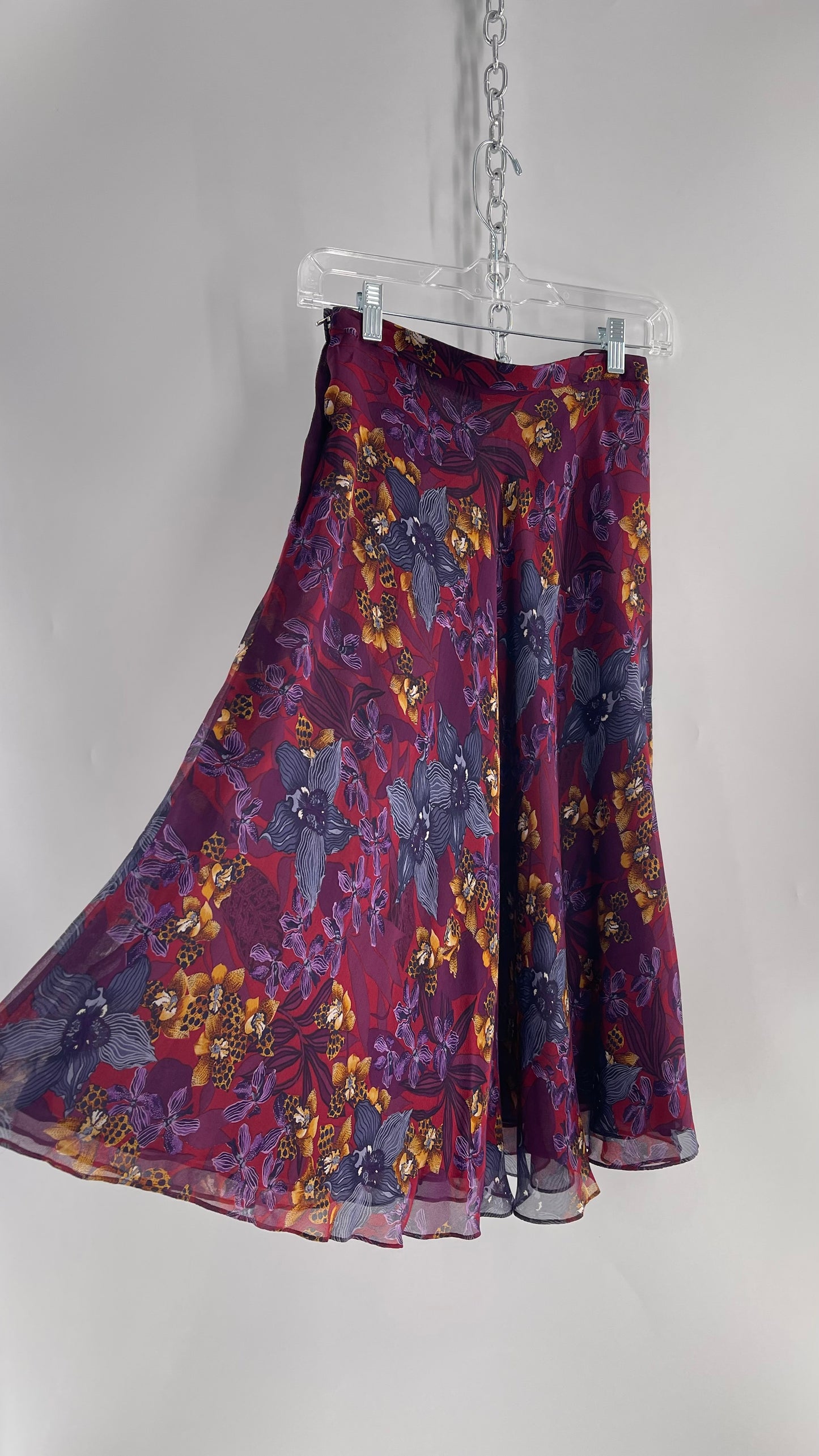 Vintage 100% Silk Burgundy Tropical Skirt with Leopard Florals (4)