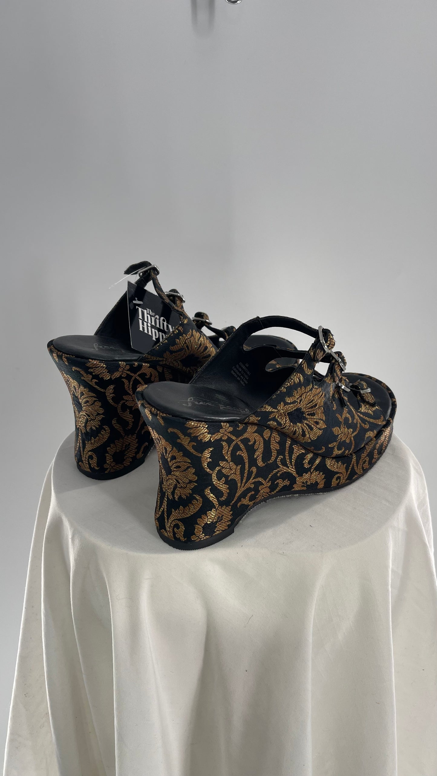 Free People Black Hoffman Buckle Front Wedge Heels with Satin Gold Paisley/Brocade Pattern (37)