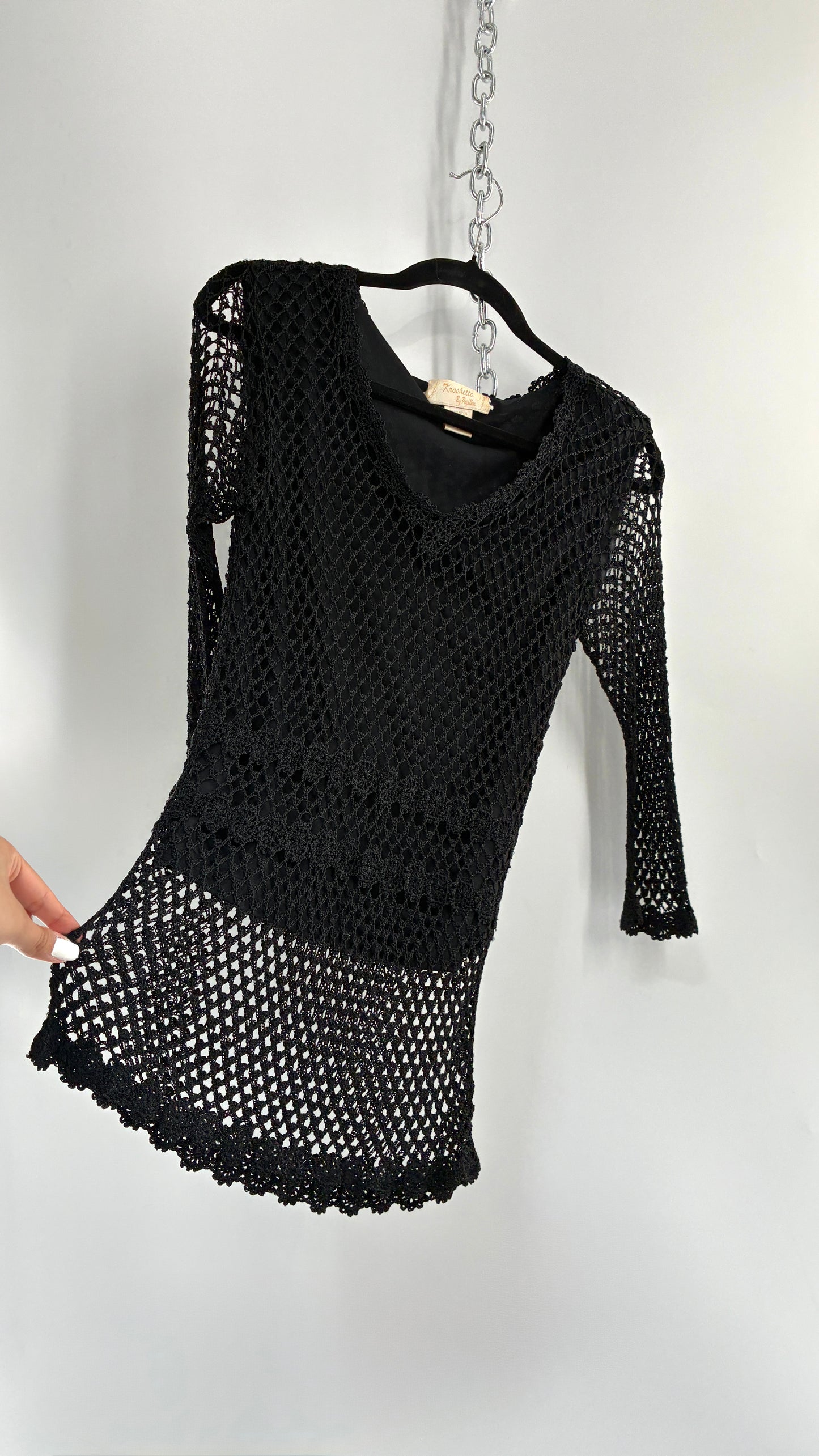 Vintage KROSHETTA by PAPILLON  Black Crochet Quarter Sleeve Blouse (Medium)