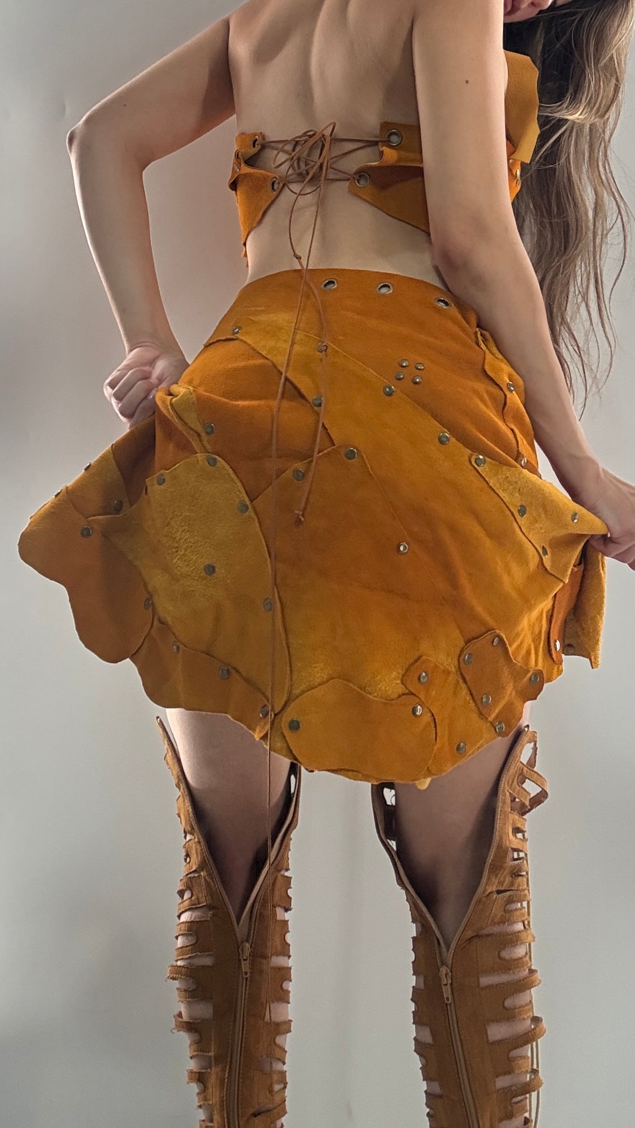 Handmade 1 of 1 and Pressed Genuine Suede and Pebbled Leather Reversible Corset Top and Grommet Skirt Set (XS-M)