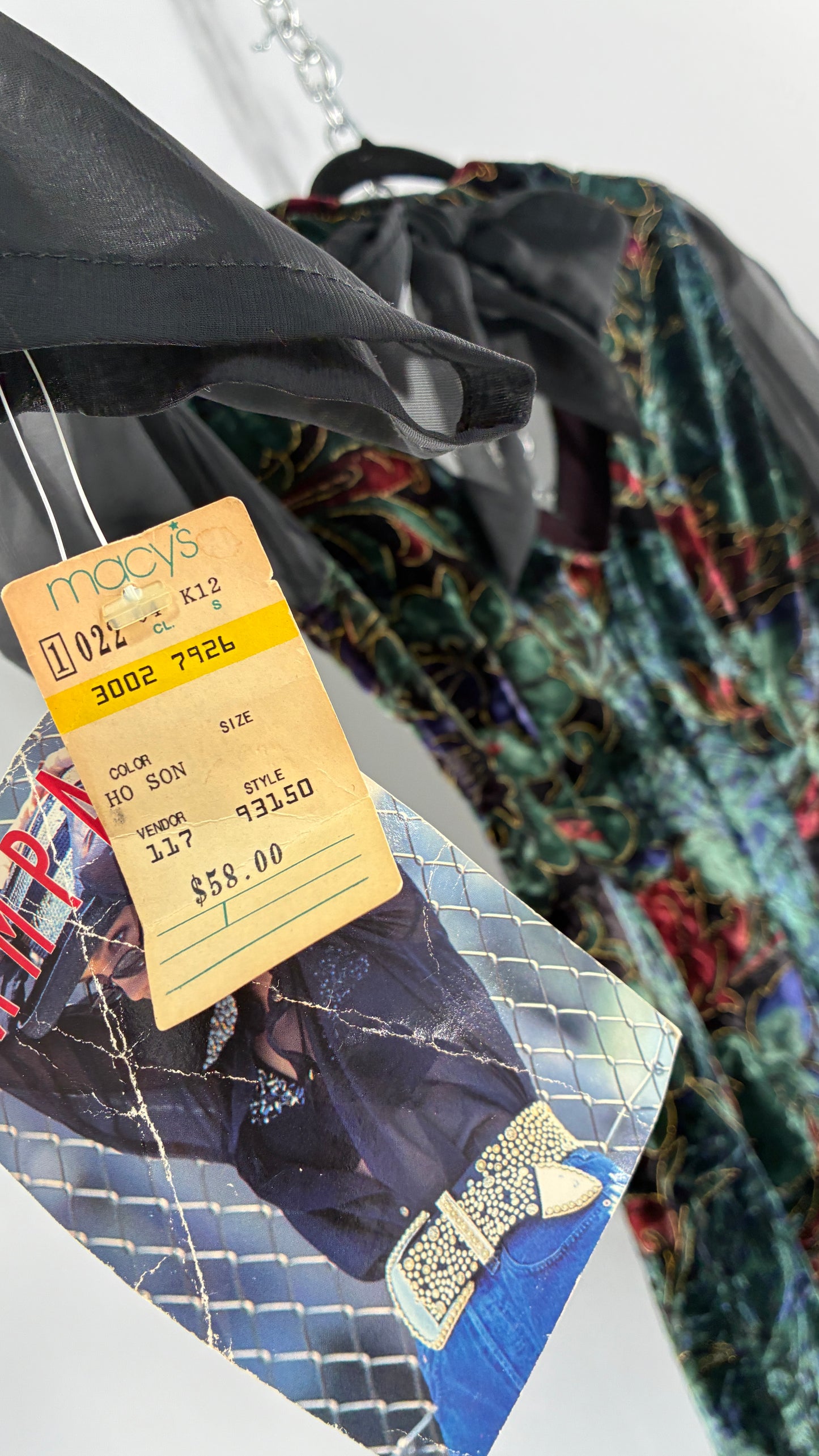 Deadstock Vintage RAMPAGE 1980s Micro Mini Dress Velour with Sheer Bubble Sleeves, Open Back, Elaborate Crystal Buttons and Bow Back Detail (Small)