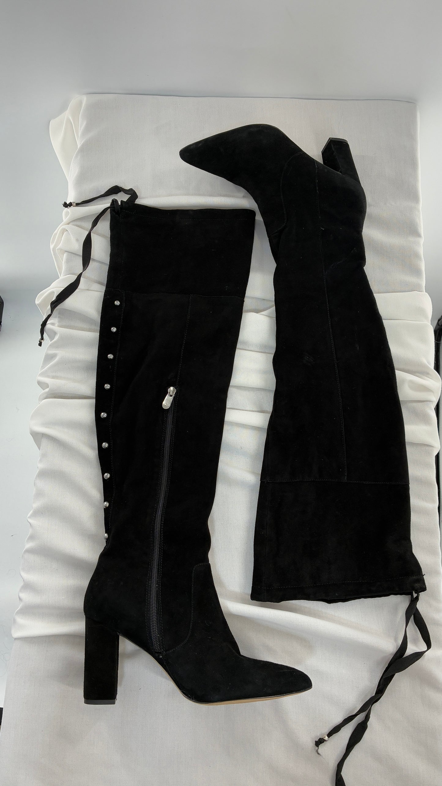 Vintage Black Genuine Suede ADRIENNE VITADINI Thigh High Pointed Toe Boots with Stud Detailing (10)