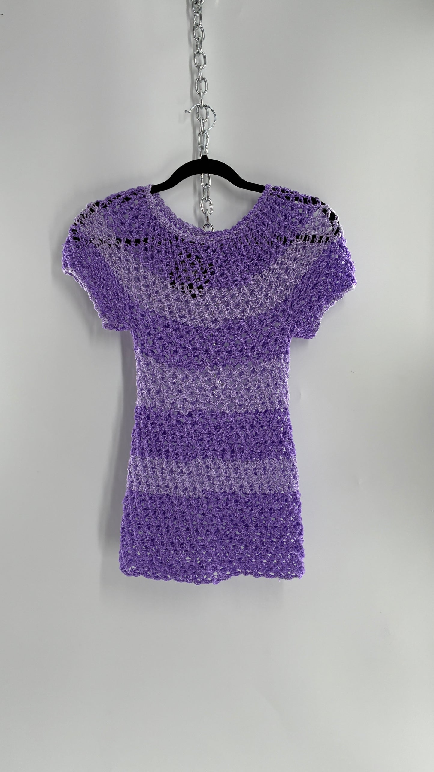 Vintage Handmade Striped Lilac and Purple Crochet Puff Sleeve Top (Small)