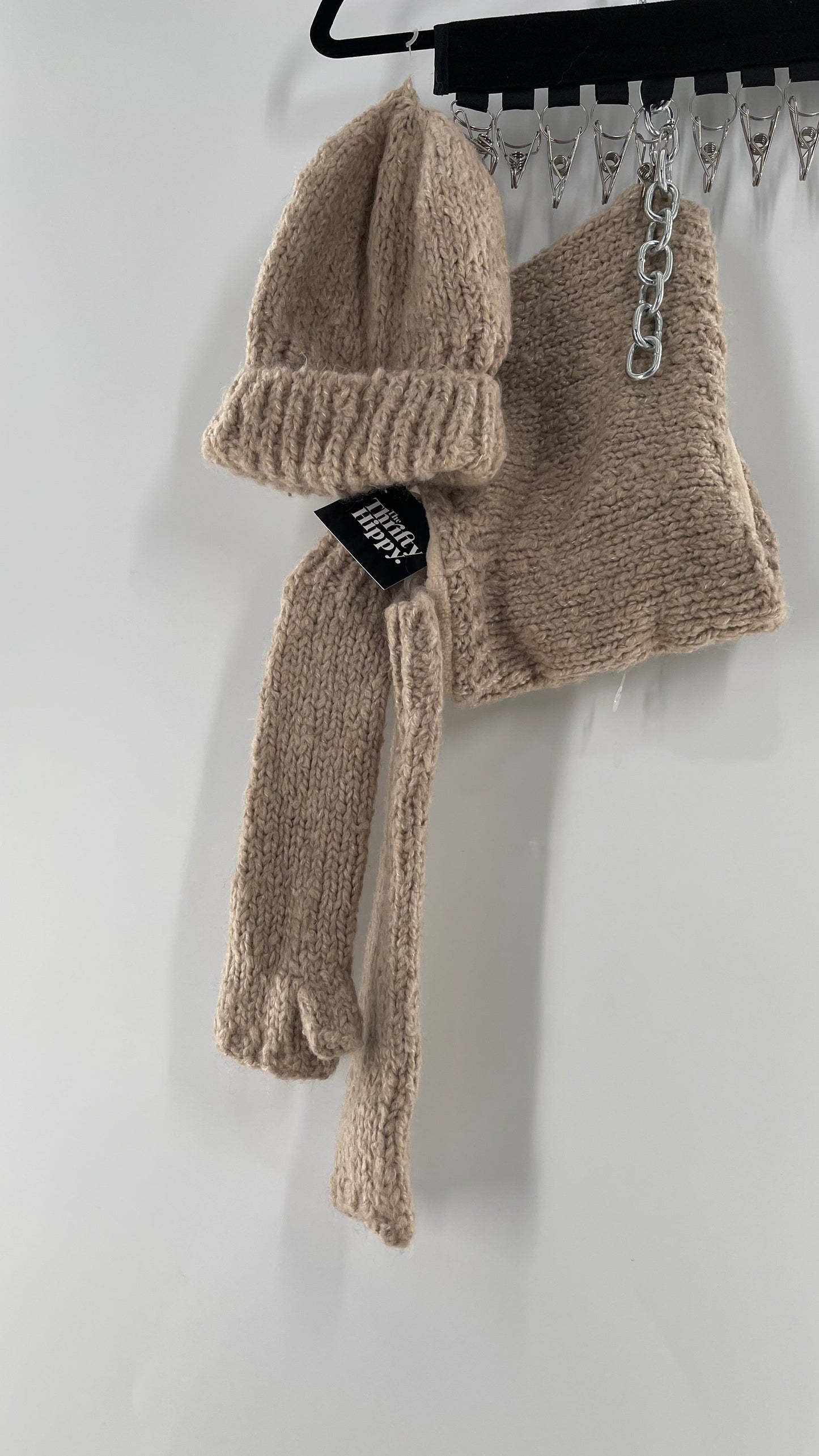 Free People Beige/Tan Knit Gloves, Hat and Scarf Set