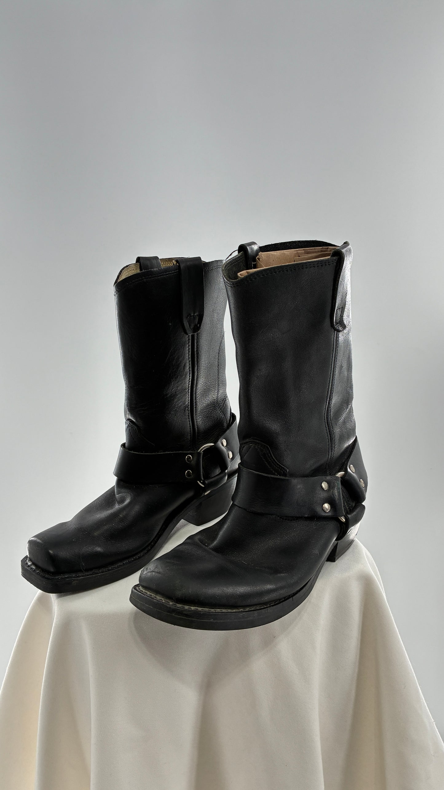 Vintage Mismatched Black Heavy Duty Leather Motorcycle Boots (8,9?)