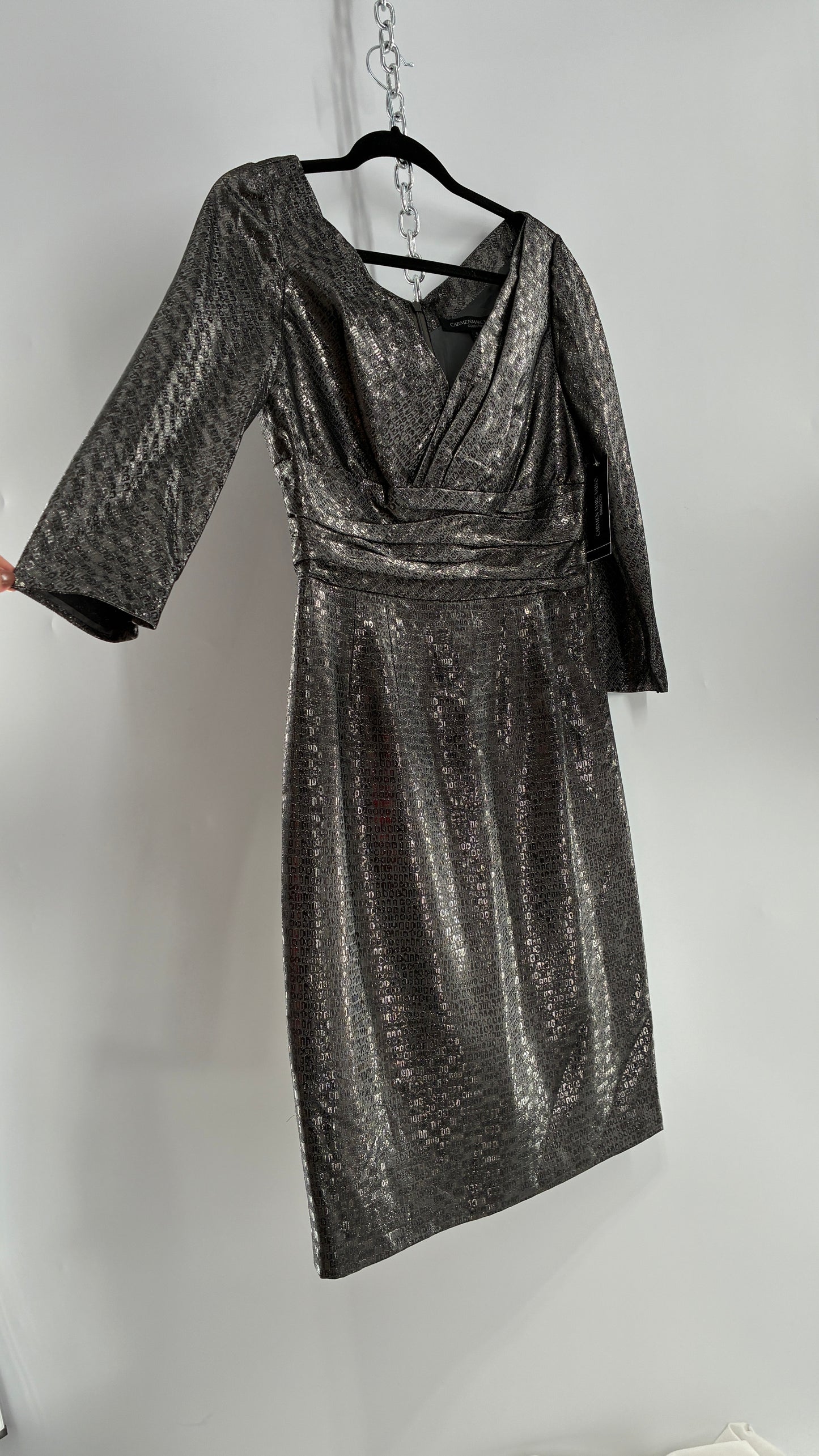 Vintage CARMEN MARC VALVO Metallic Liquid Silver Dress with Tags Attached (6)