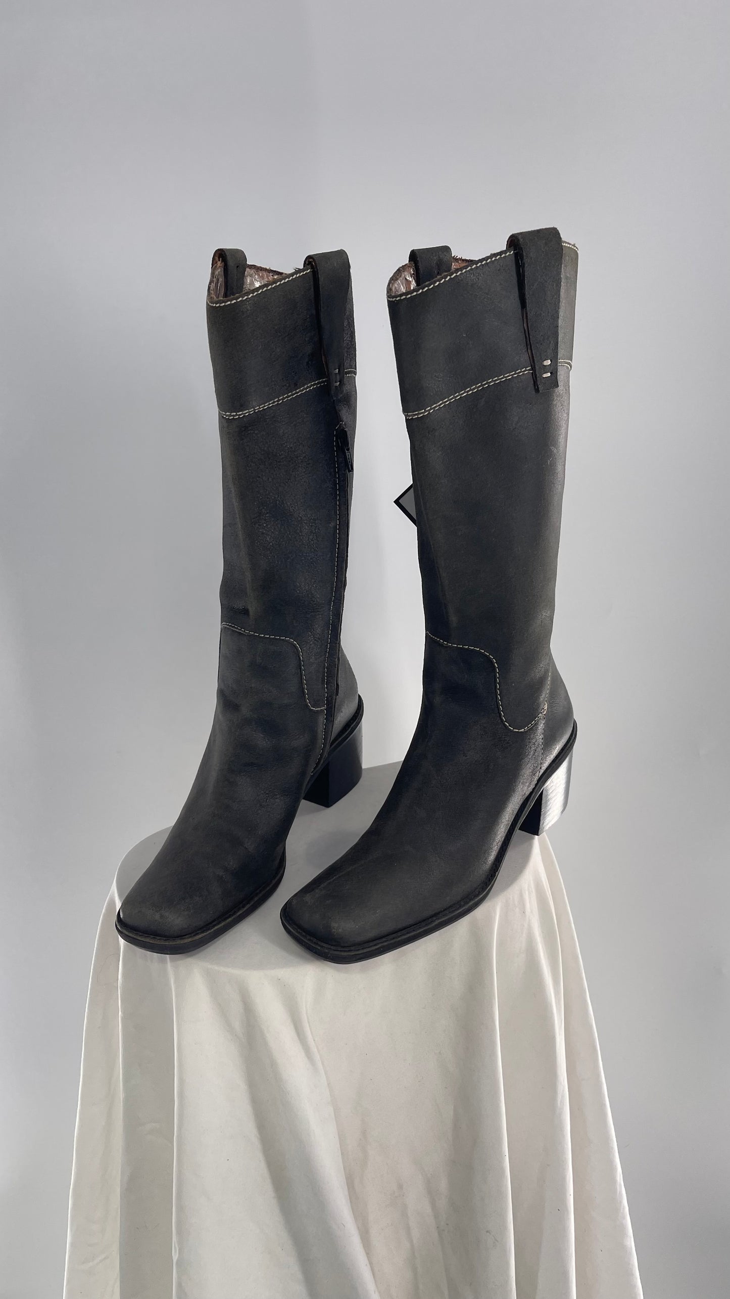 Vintage Nine West Dark Grey Leather Square Toe Heeled Knee High Boots (7.5)