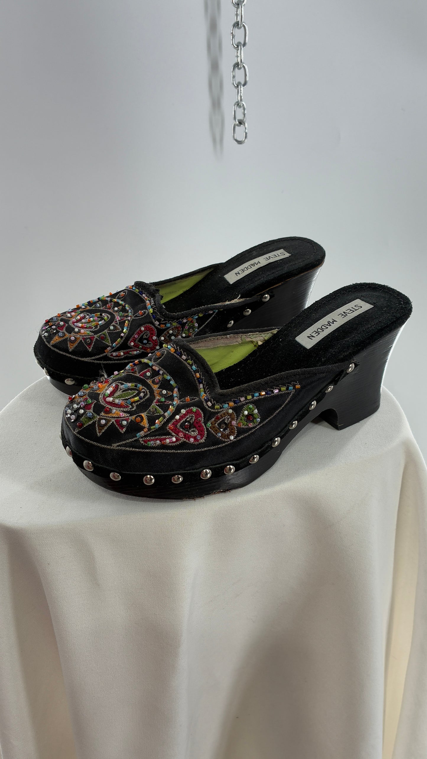 Vintage 1990s STEVE MADDEN Black Wooden Heel Clogs with Embroidered and Beaded Design (7.5)