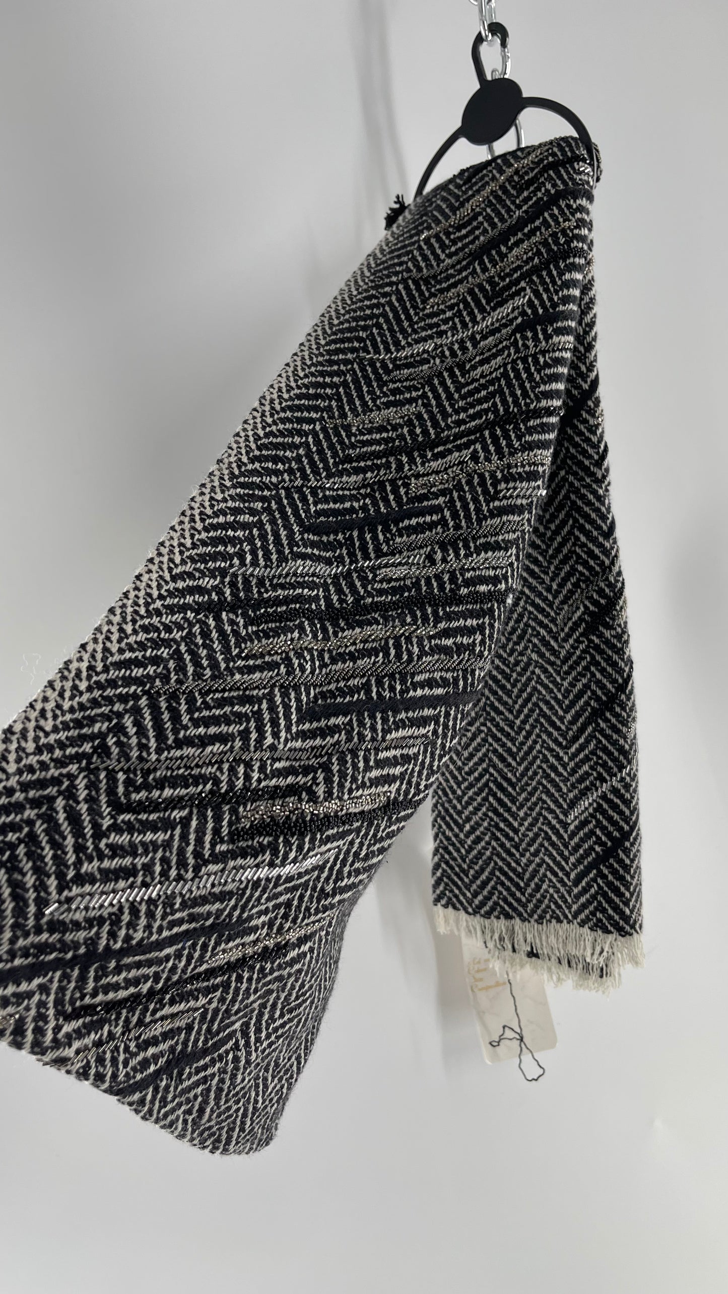 Anthropologie Pétanu Black and White 50% Cashmere 50% Silk Beaded Embellished Scarf with Tags Attached