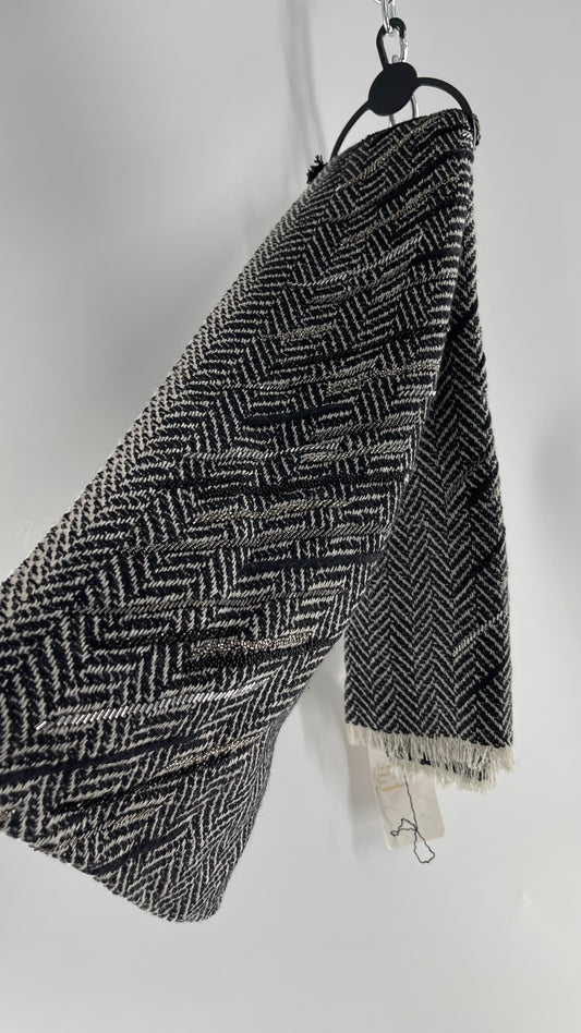 Anthropologie Pétanu Black and White 50% Cashmere 50% Silk Beaded Embellished Scarf with Tags Attached