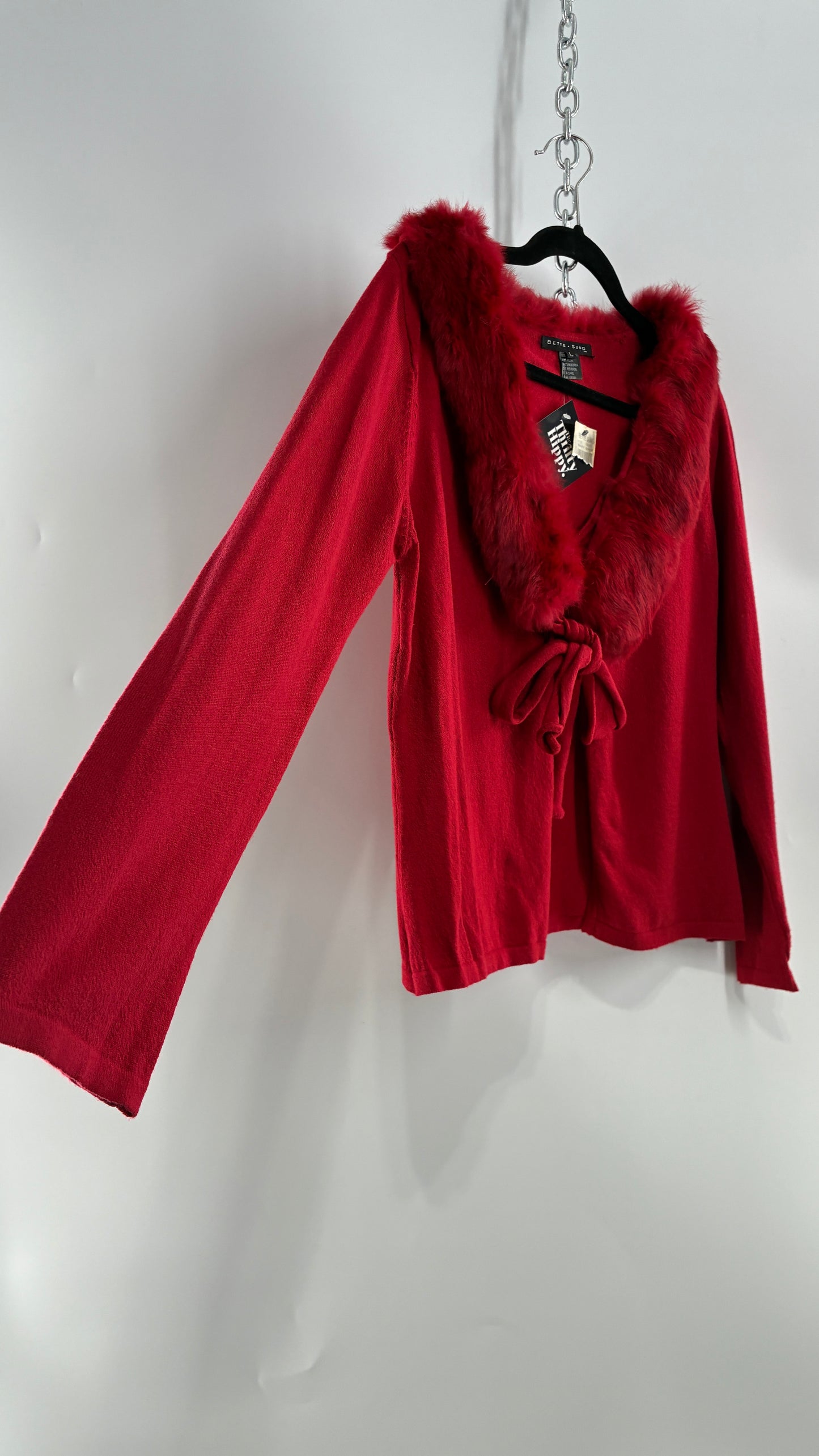 Deadstock Vintage BETTE SUNG Red Tie Bust Cardigan with Genuine Rabbit Fur Collar (Large)