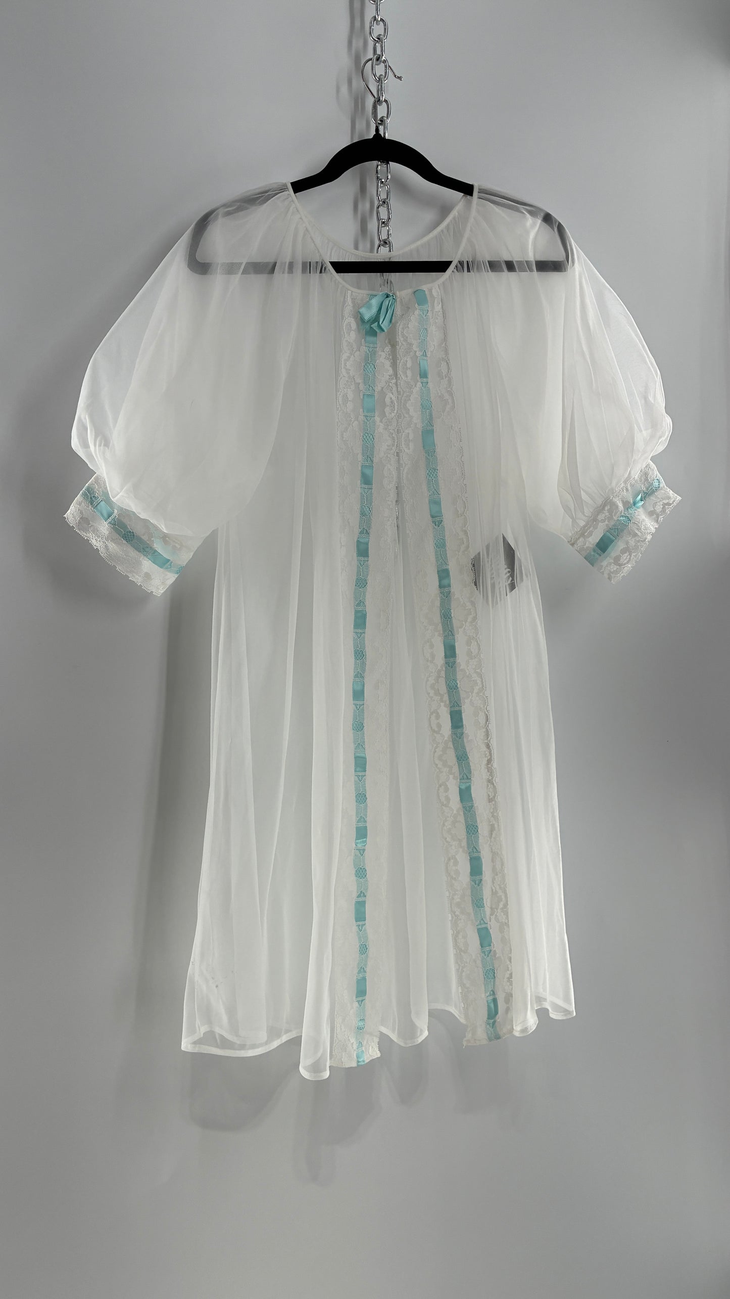 Vintage White Tulle Dress Cape  with Oversized Puff Sleeves, Lined with Lace and Baby Blue Ribbon Trim (Medium)