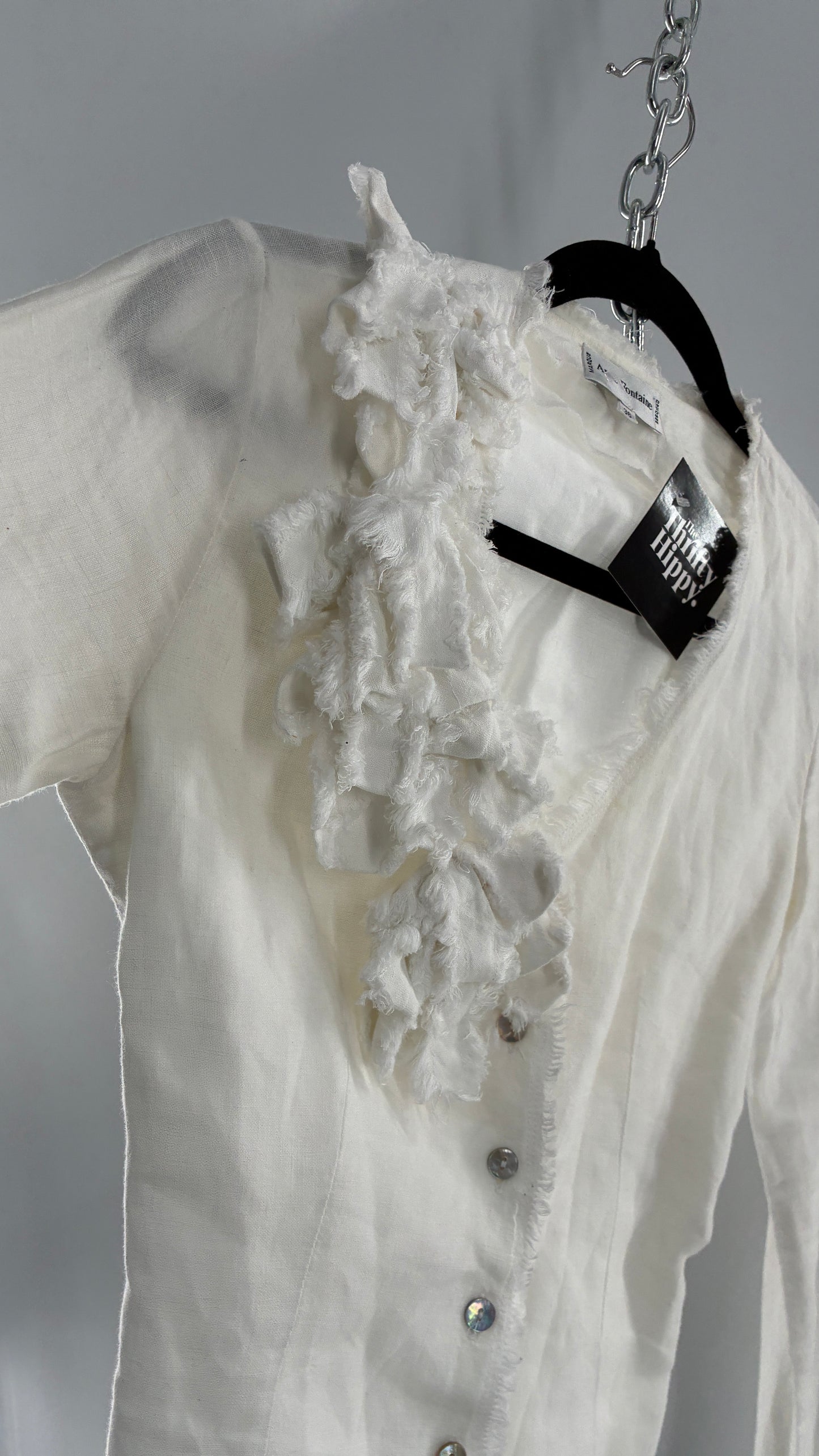 Vintage ANNE FONTAINE Off White Linen Woven Button Up Blouse with Back Corseting, Pearlescent Shell Buttons, and Rosette Details (36)