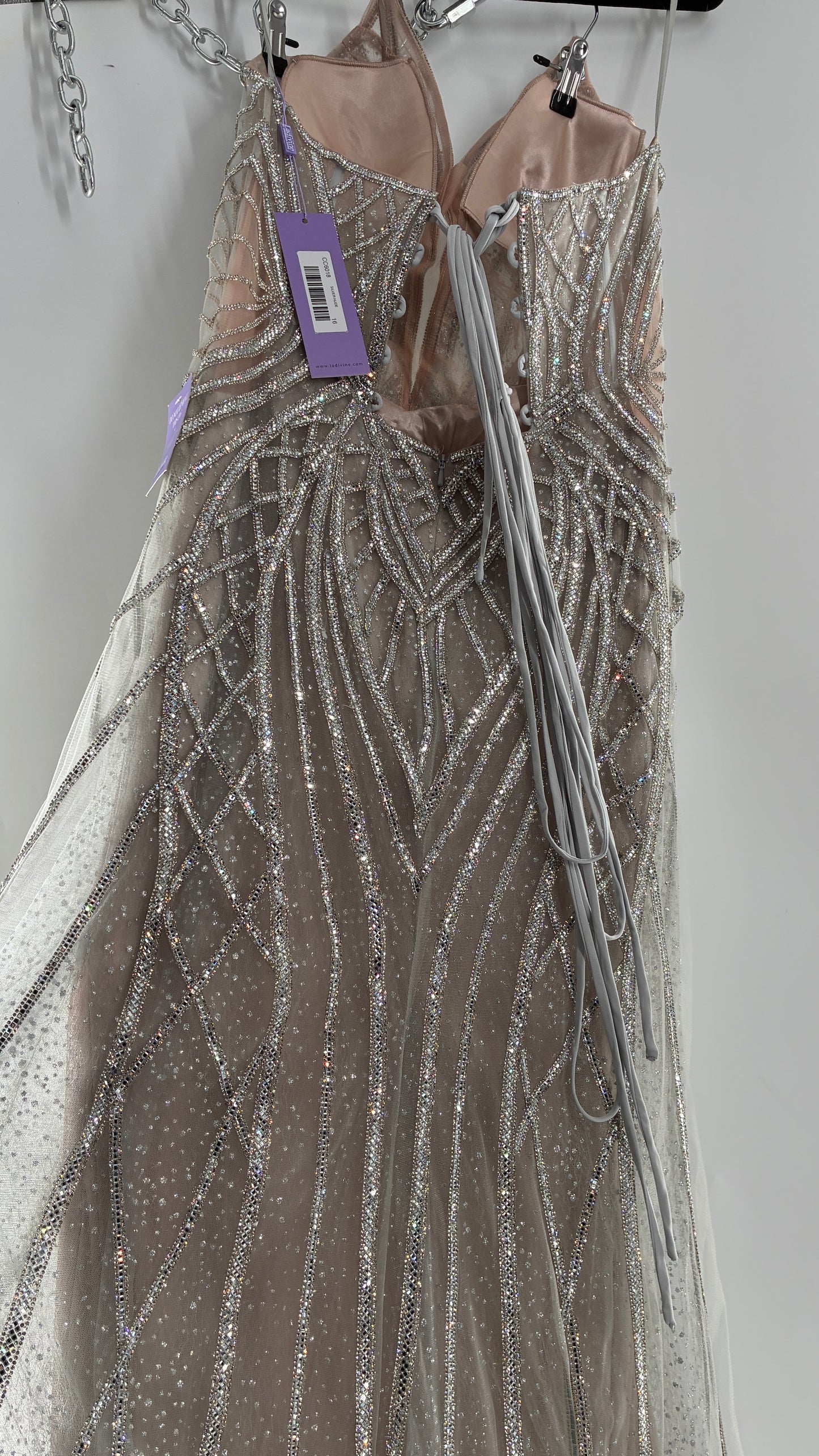 NWT LADIVINE by Cinderella Divine Silver Nude CC6018 Mermaid Corseted Gown with Multiple Layers of Tulle, Covered in Crystal Strips (16)