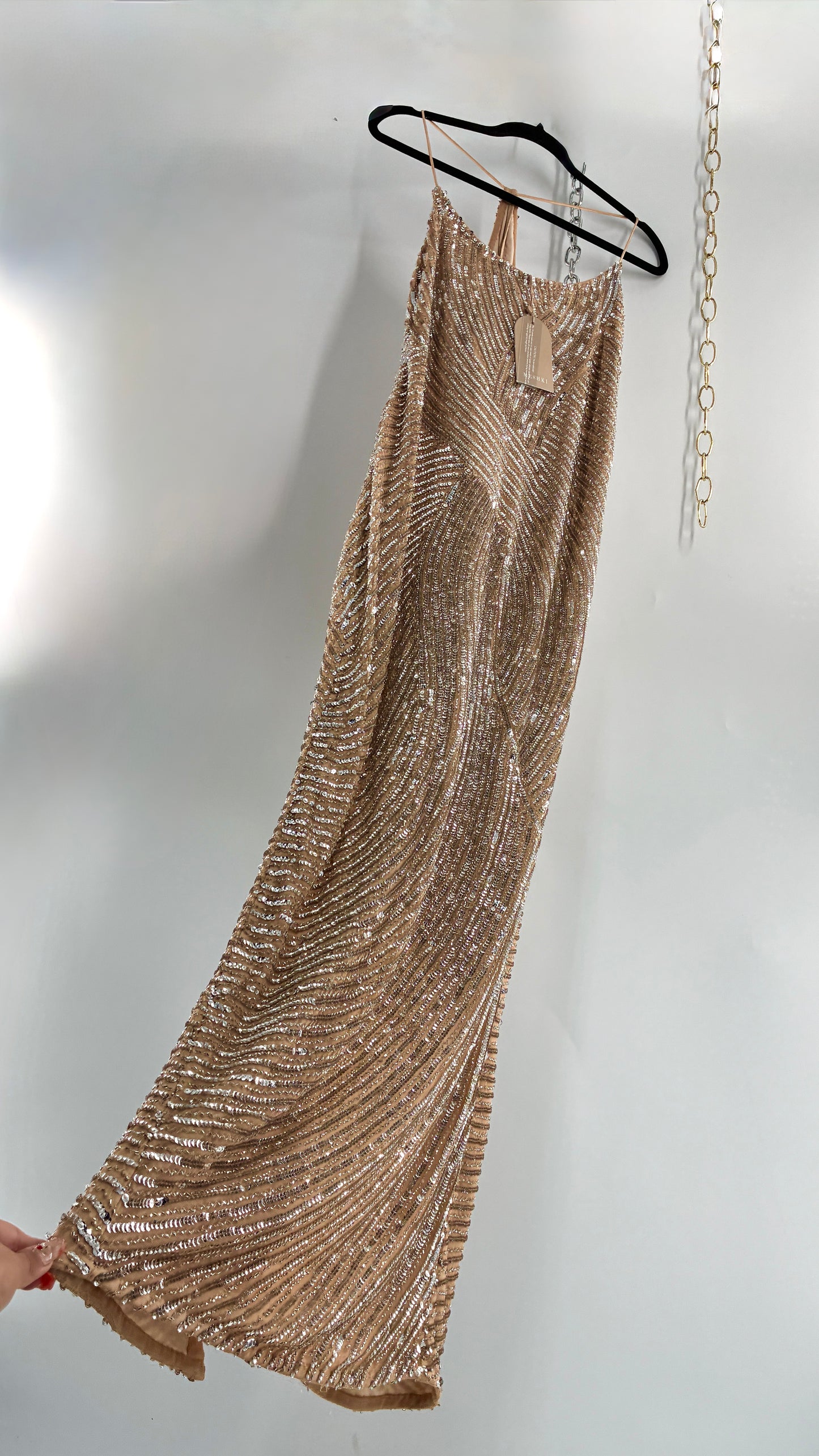 MESHKI Tierra Nude Full Length Dress with Silver Sequins with Tags Attached (XXXL)