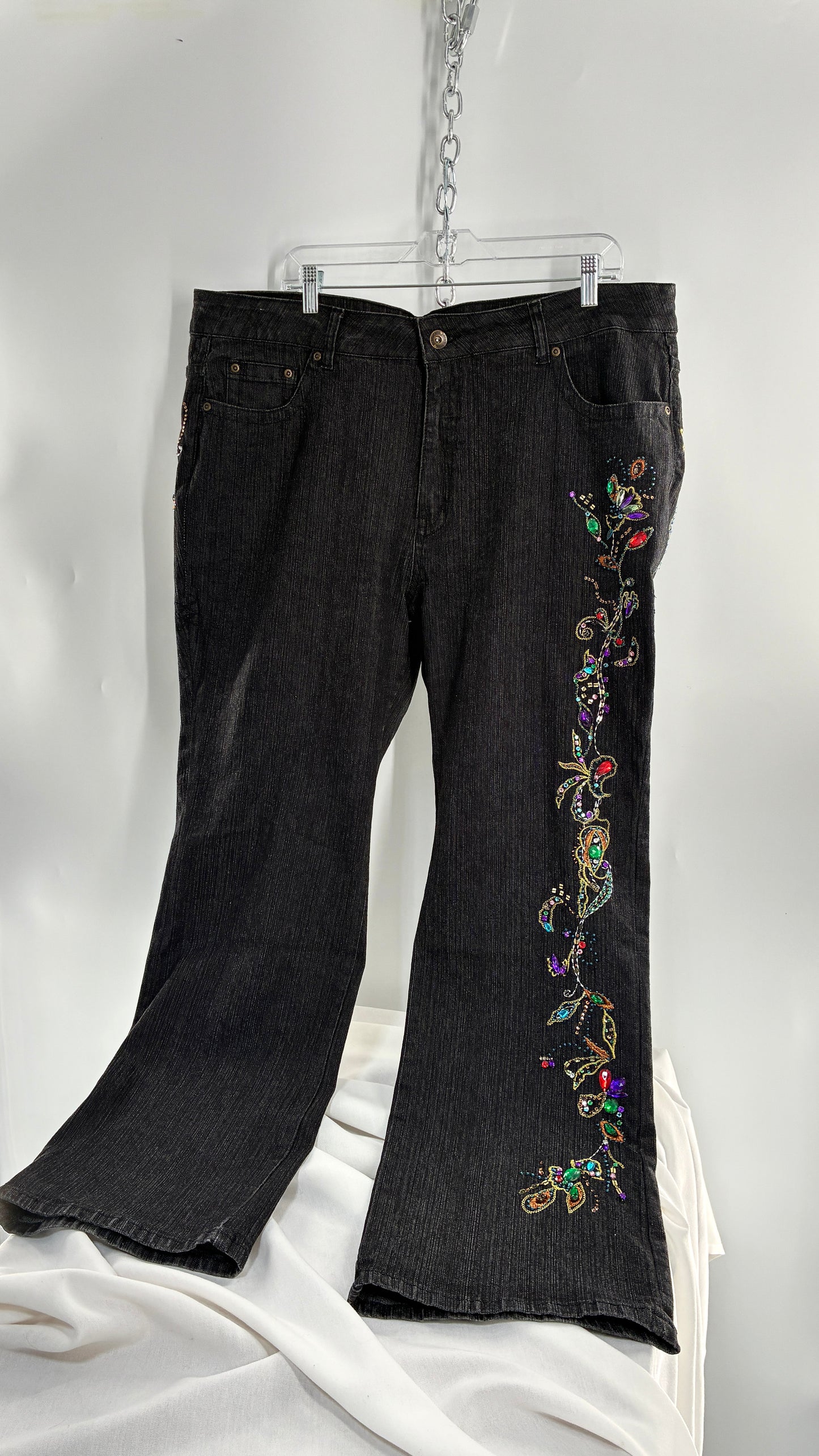 Vintage Grainy Black Denim with Hip to Hem Gemstones and Embroidery (22W)