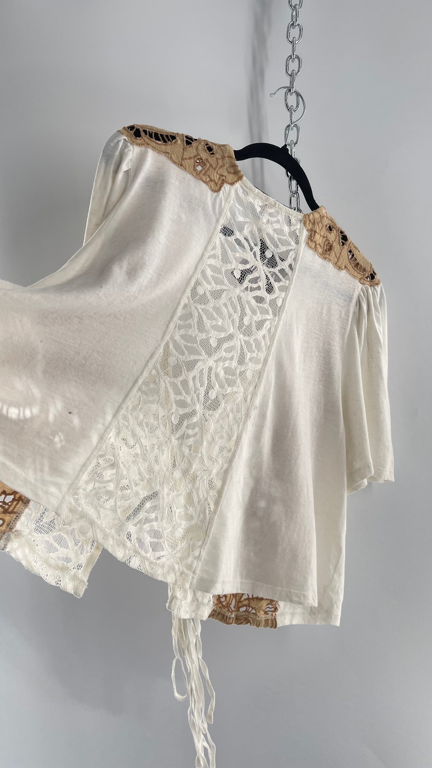 Free People Off White Woven Tie Front/Tie Around Too with Brown Eyelet Lace (Small)