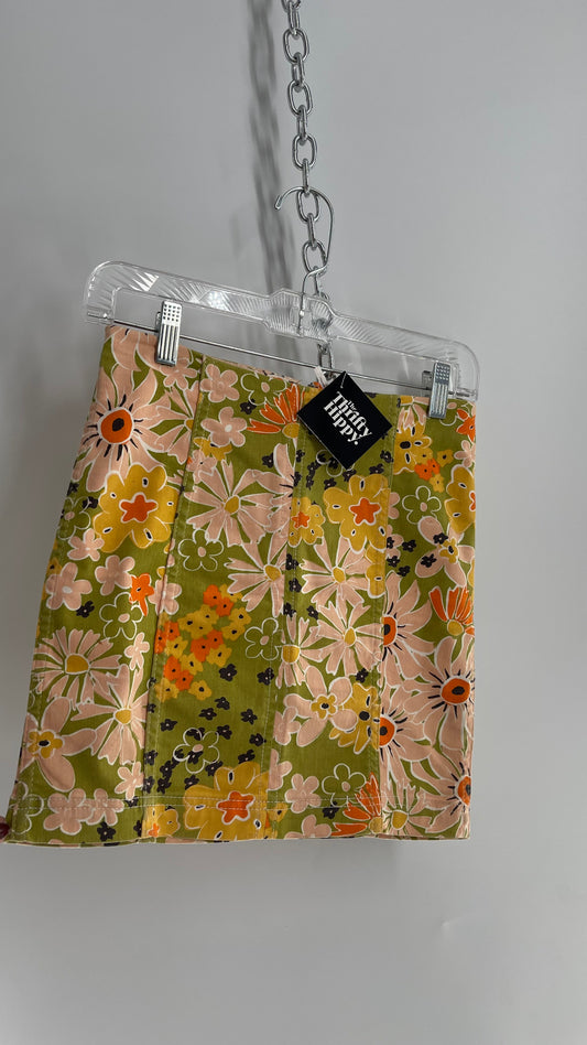 Free People Green Canvas Mini Skirt with 70s Style Floral Pattern (0)