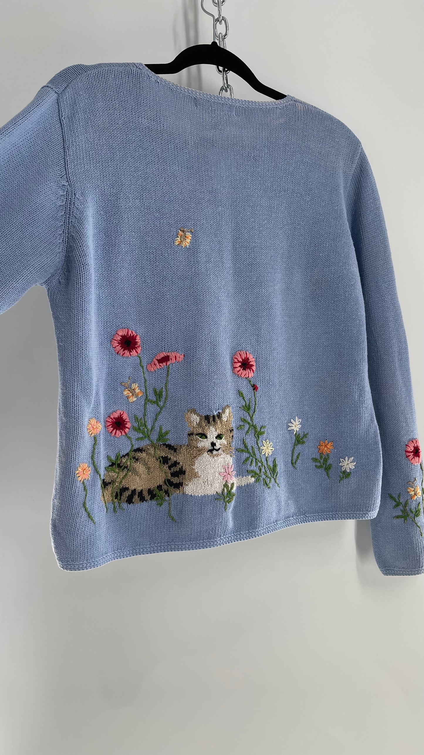 Vintage Northern Isles Powder Blue Kitten in Flower Field Cardigan (Large)