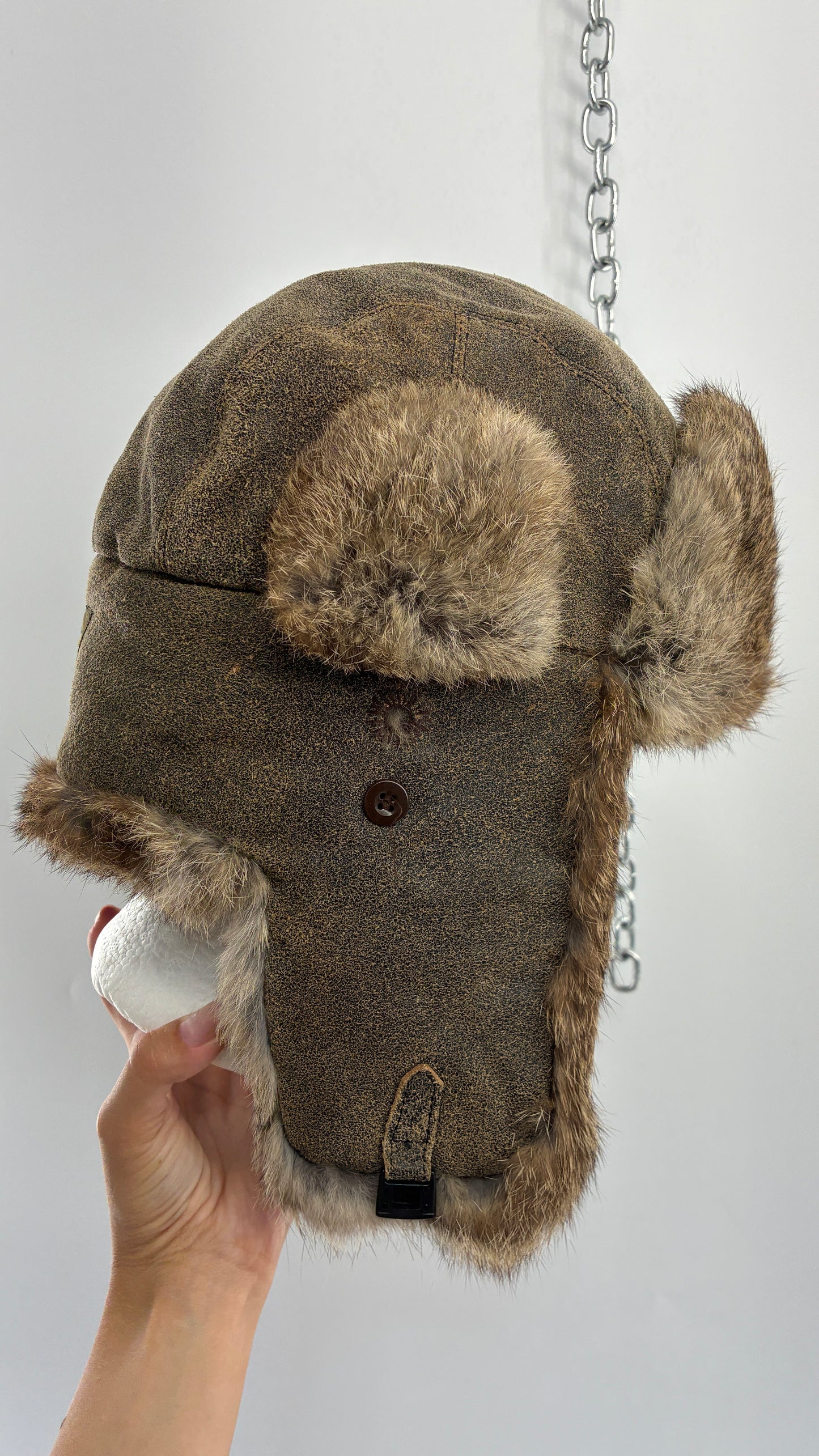 Vintage YUKON CHARLIE Genuine Leather Aviator Trapper Hat with Rabbit Fur Lining
