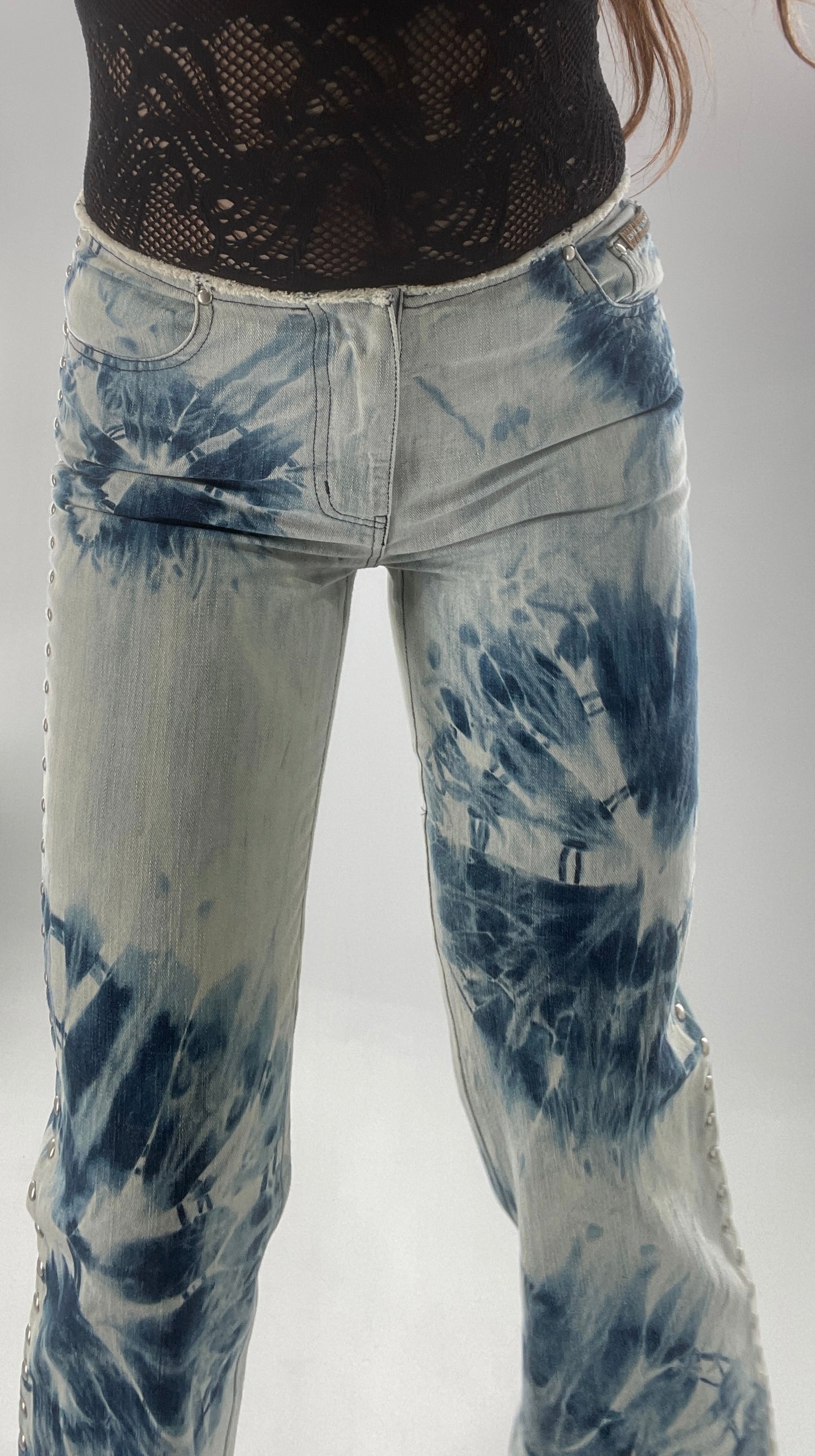 Vintage 1990s DKNY Light Bleached Jeans with Tie Dye Denim Pattern, Raw Edge Low Rise, and Studded Sides (5)