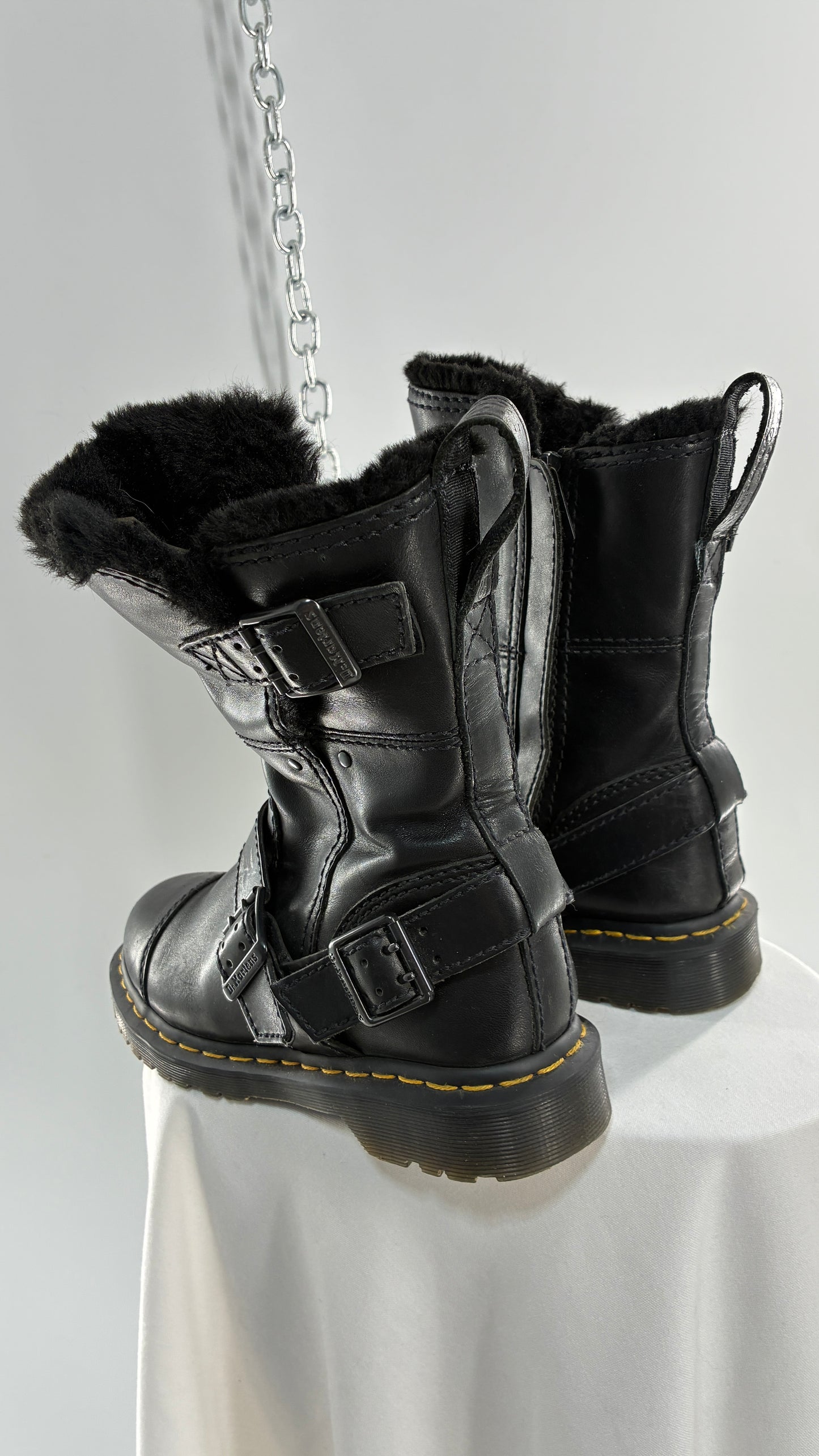 RARE Vintage Dr. Marten Kristy Mid Calf Faux Fur Black Leather Boots (8L)