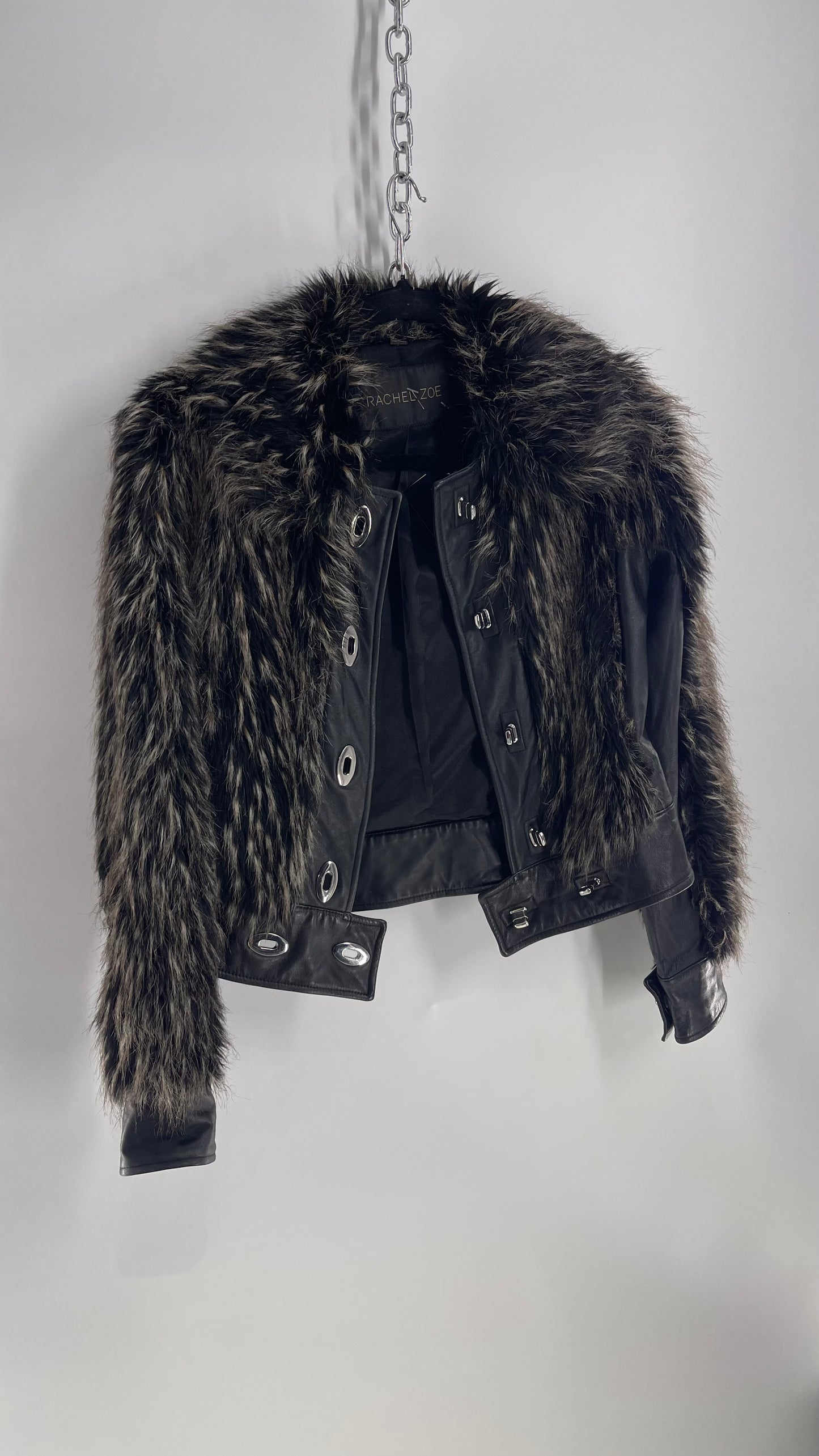 Vintage Rachel Zoe Black Leather Faux Fur Moto Jacket with Silver Hardware/Closure (2)