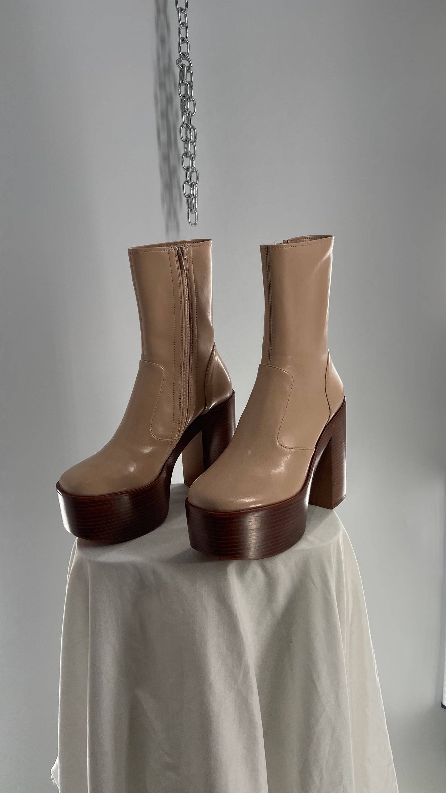 Free People X Jeffrey Campbell Mexique GoGo Boots • Beige Patent Boot with Wood Grain Chunky Block Heel and Platform  (8)