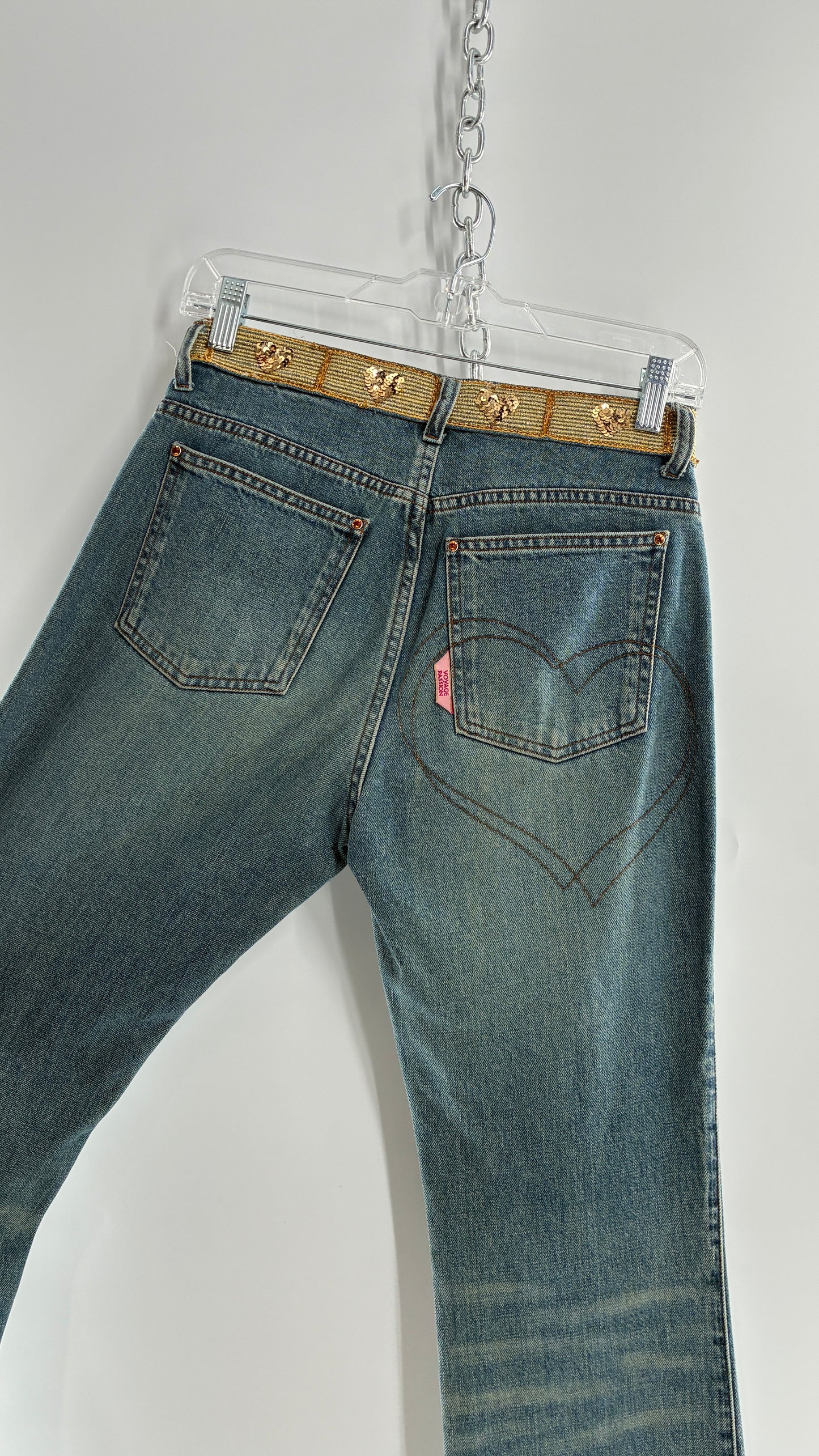 Vintage VOYAGE PASSION Kick Flare Light Wash Jeans with Heart Embroidered Bum and Gold Sequin Belt (28)