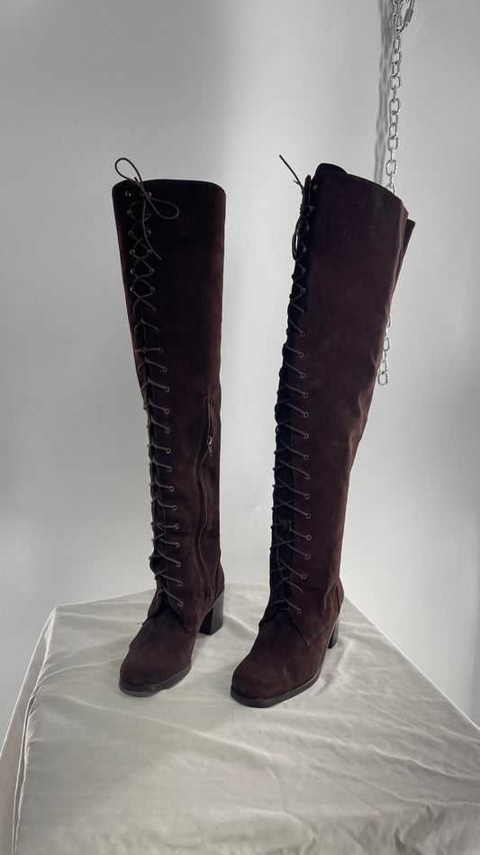 Vintage Kenneth Cole Over the Knee Brown Genuine Suede Leather Combat Boots (8.5)
