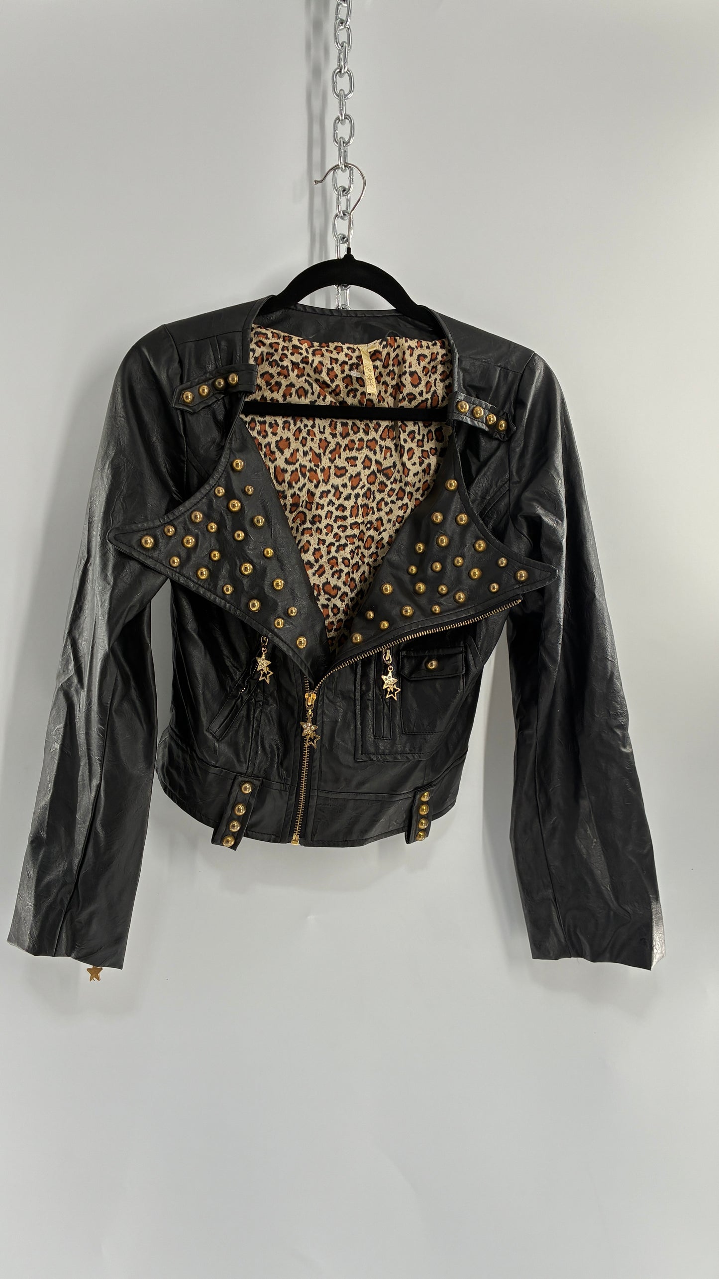 Vintage Black Vegan Leather Jacket with Oversized Lapel, Belt Loops and Pockets Covered in Heavy Duty Gold Studs (Small)