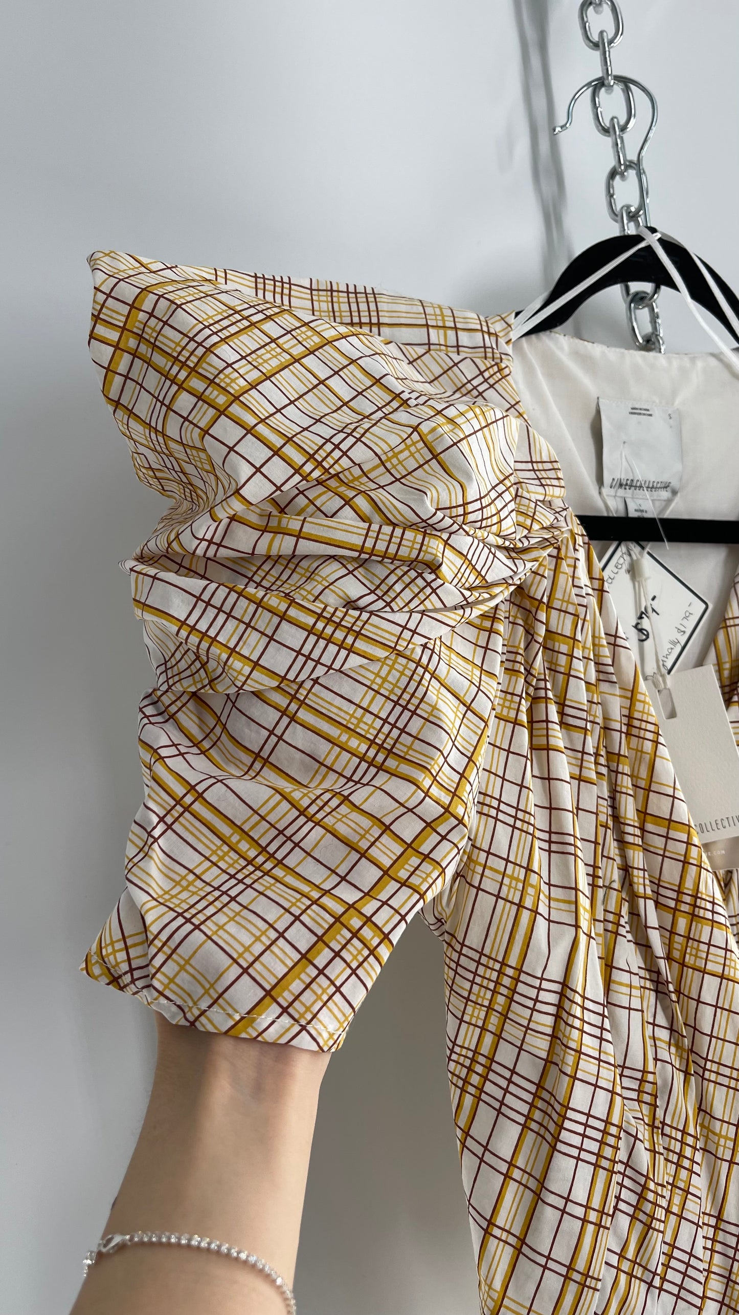 C/MEO Collective Plaid Puff Sleeve Peplum with Tags Attached (S)