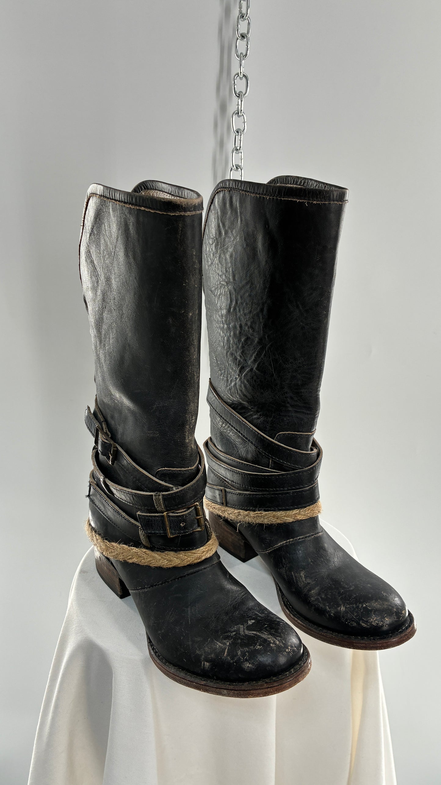 Vintage FREEBIRD Drove Distressed Black Leather Boot with Buckle Detailing (8)