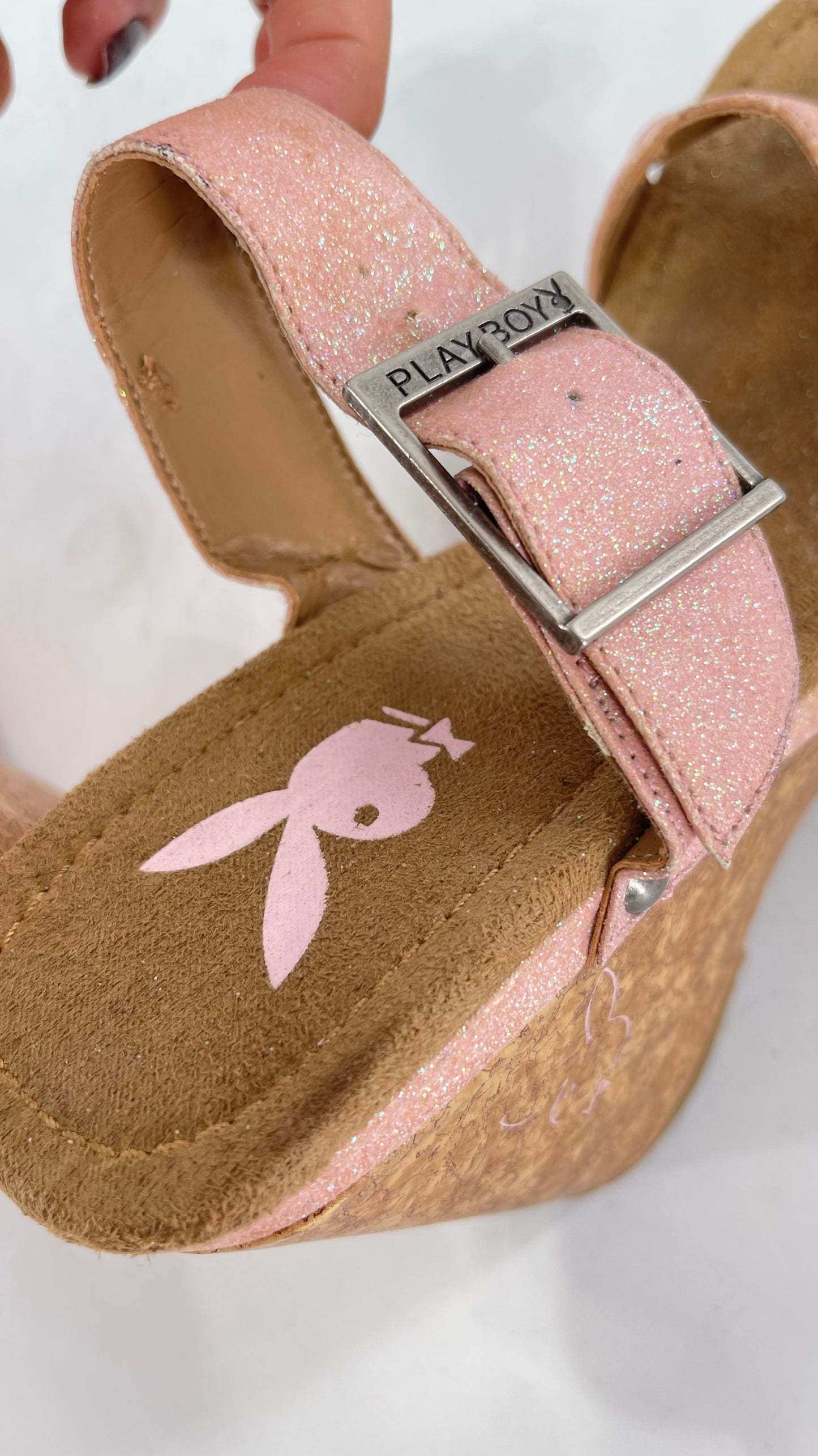 Playboy Pink Glitter Wedge Heel with Cork Heel and Playboy Engraved Buckle (6)