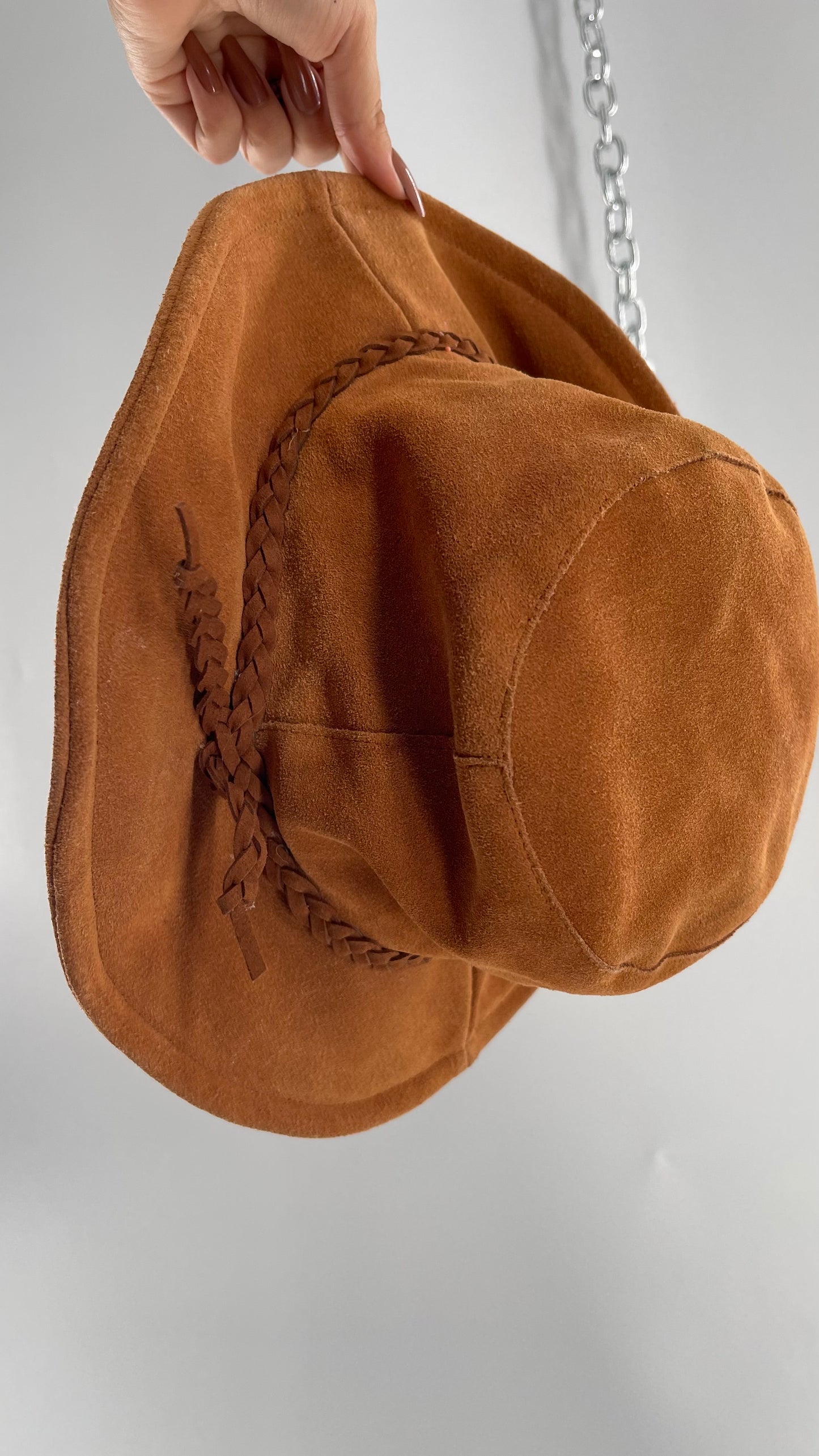 Free People Burnt Orange Suede Genuine Leather Sun Hat with Braided Belt