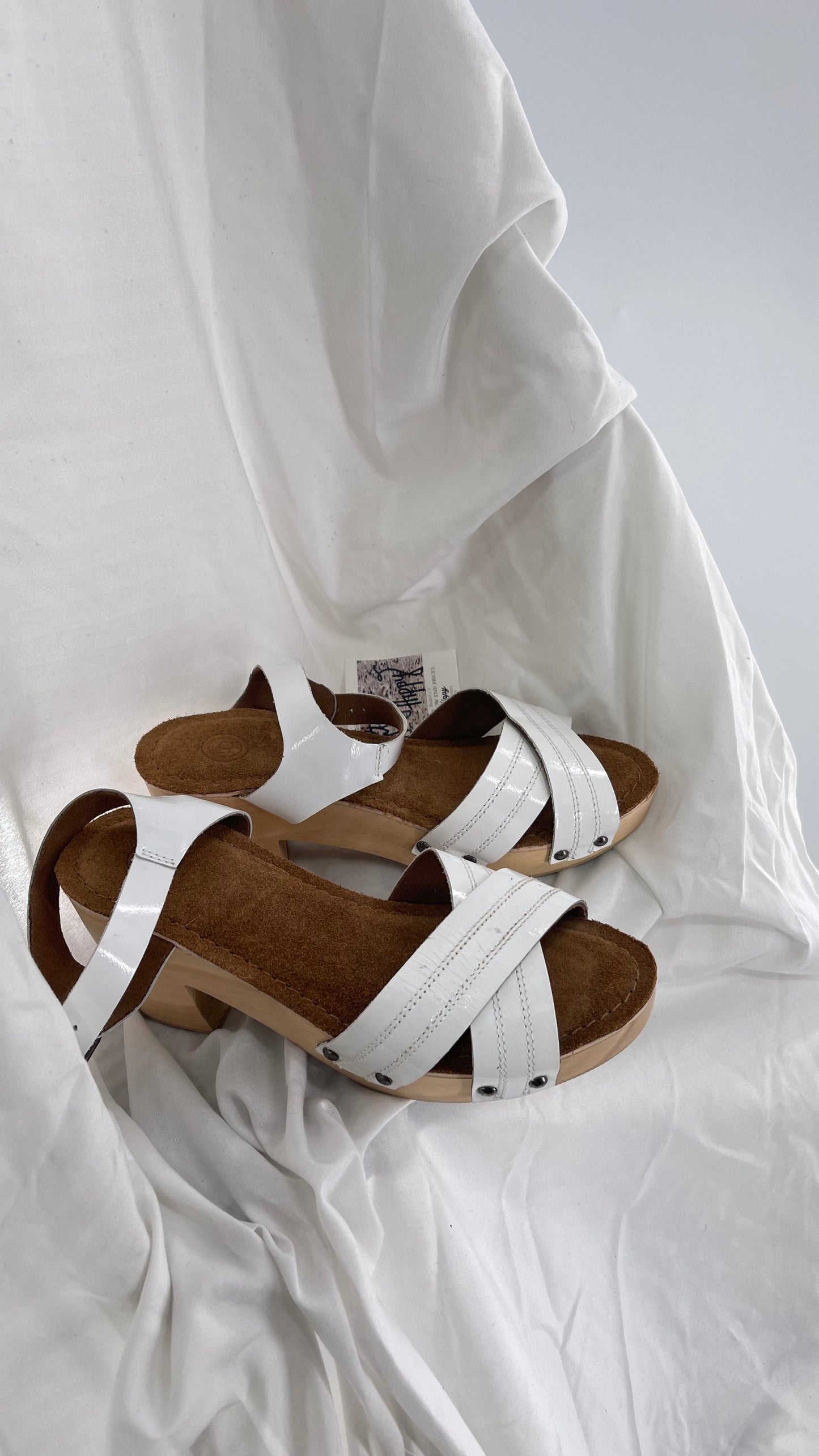 Urban Outfitters White Patent Clogs with Wooden Heel (6)