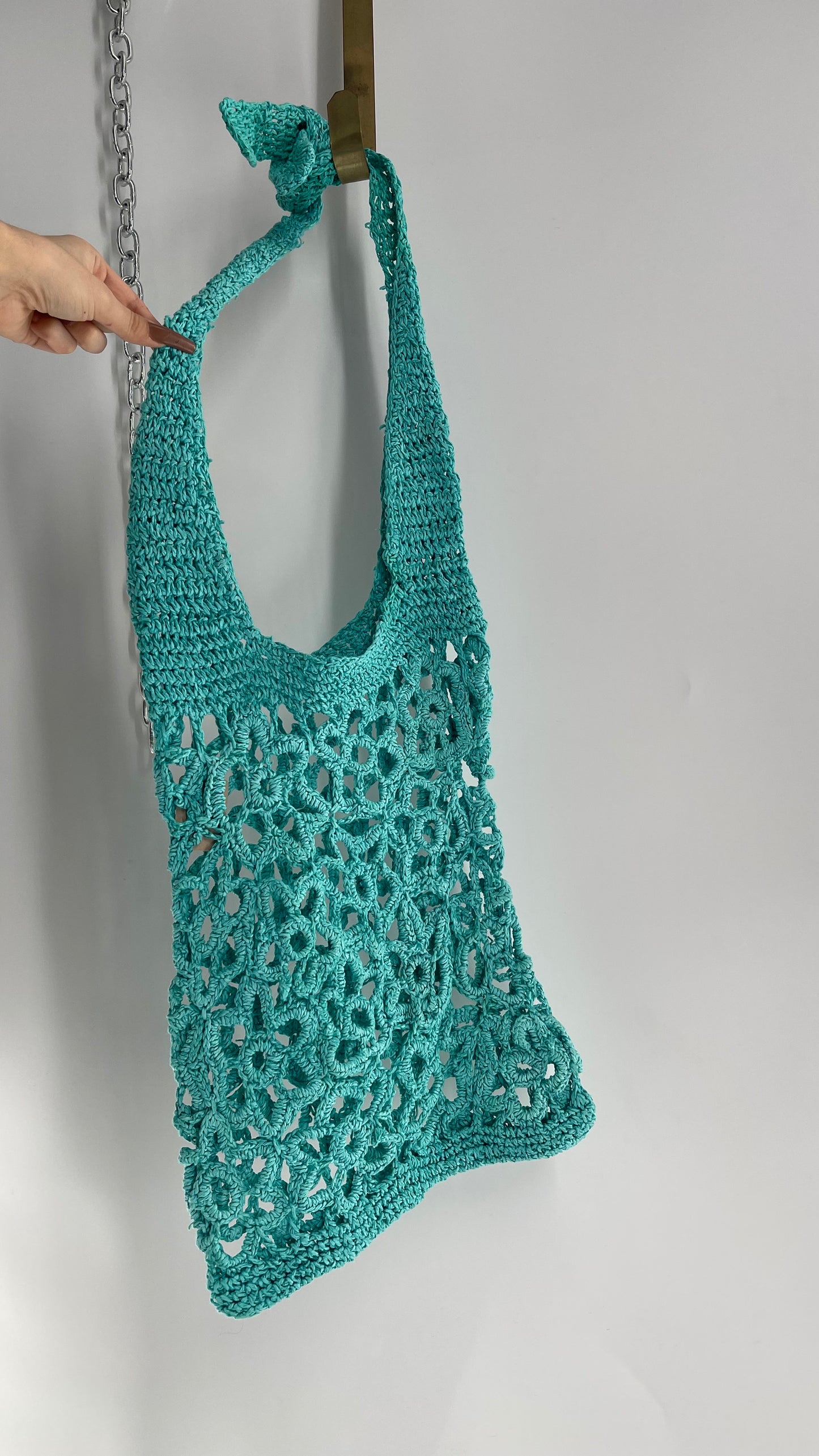Turquoise Blue Straw Flower Tote Bag
