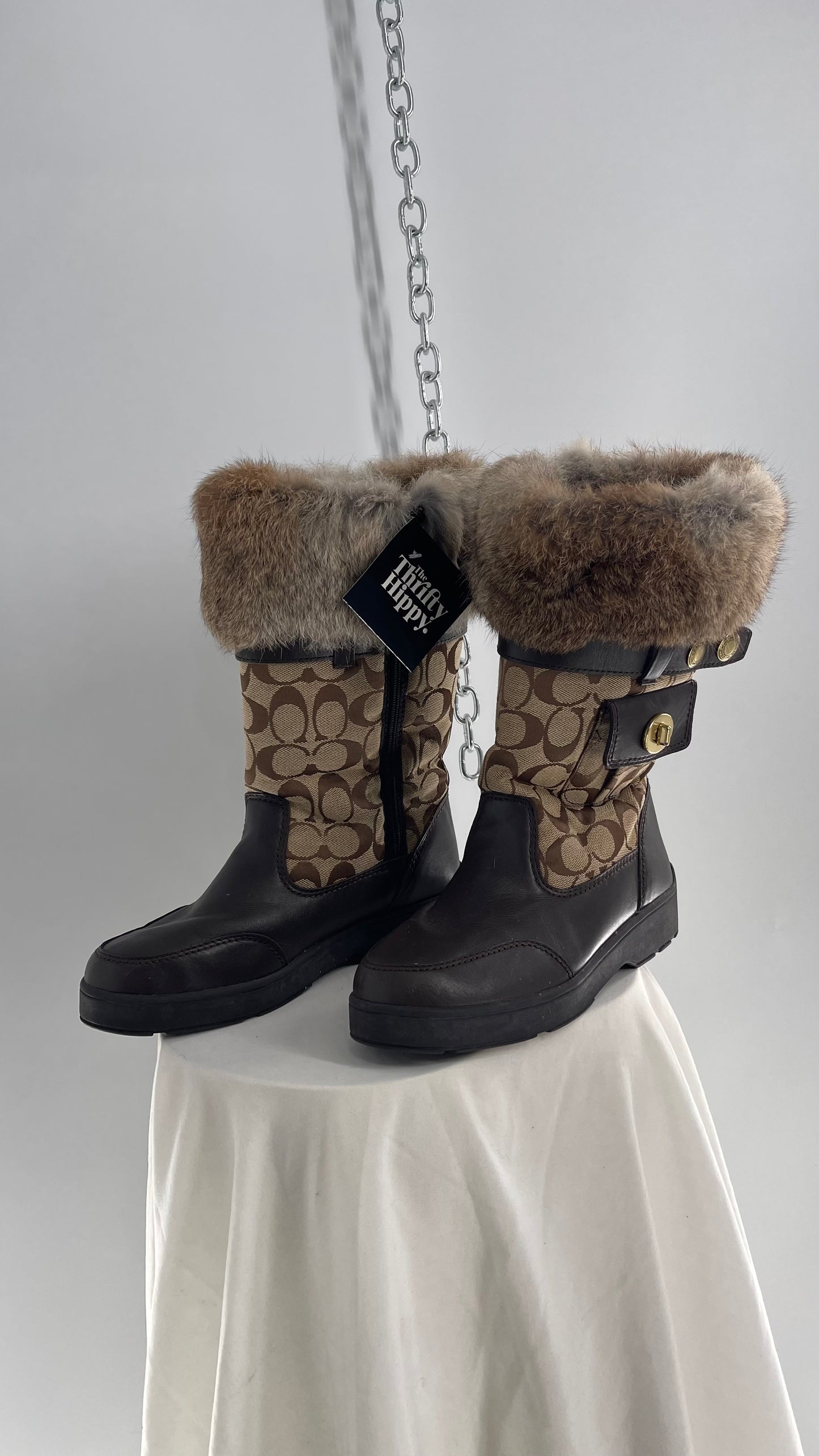 Coach Vintage Kimberly Brown Leather Quilted Monogram Rabbit Fur Trim Boot with Ankle Pouches  (8.5)