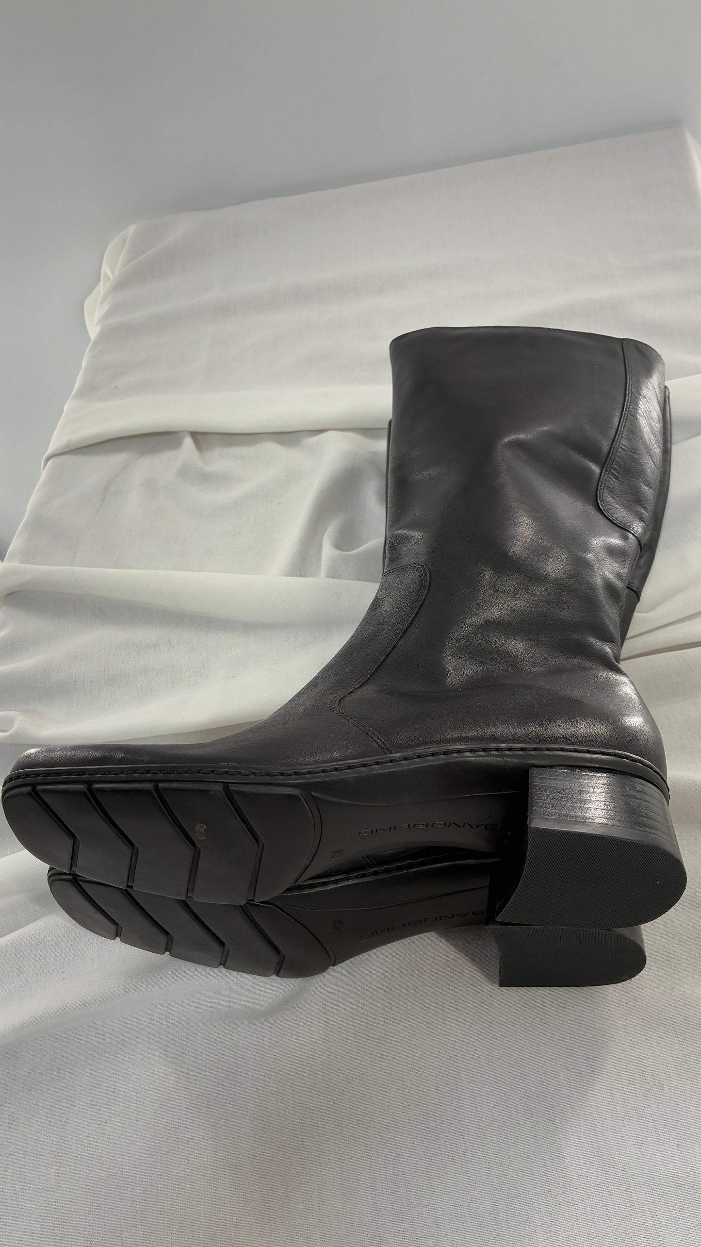 Vintage Bandolino Genuine Leather Black Square Toe Knee High Boots (9.5)