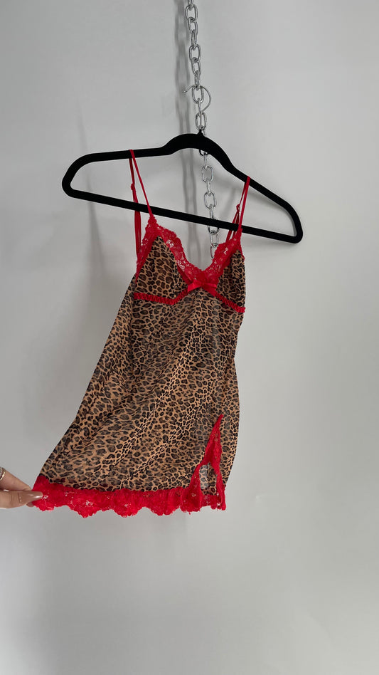 Vintage 1990s Cheetah Printed Babydoll Tank with Red Lace Trim (XS/S)