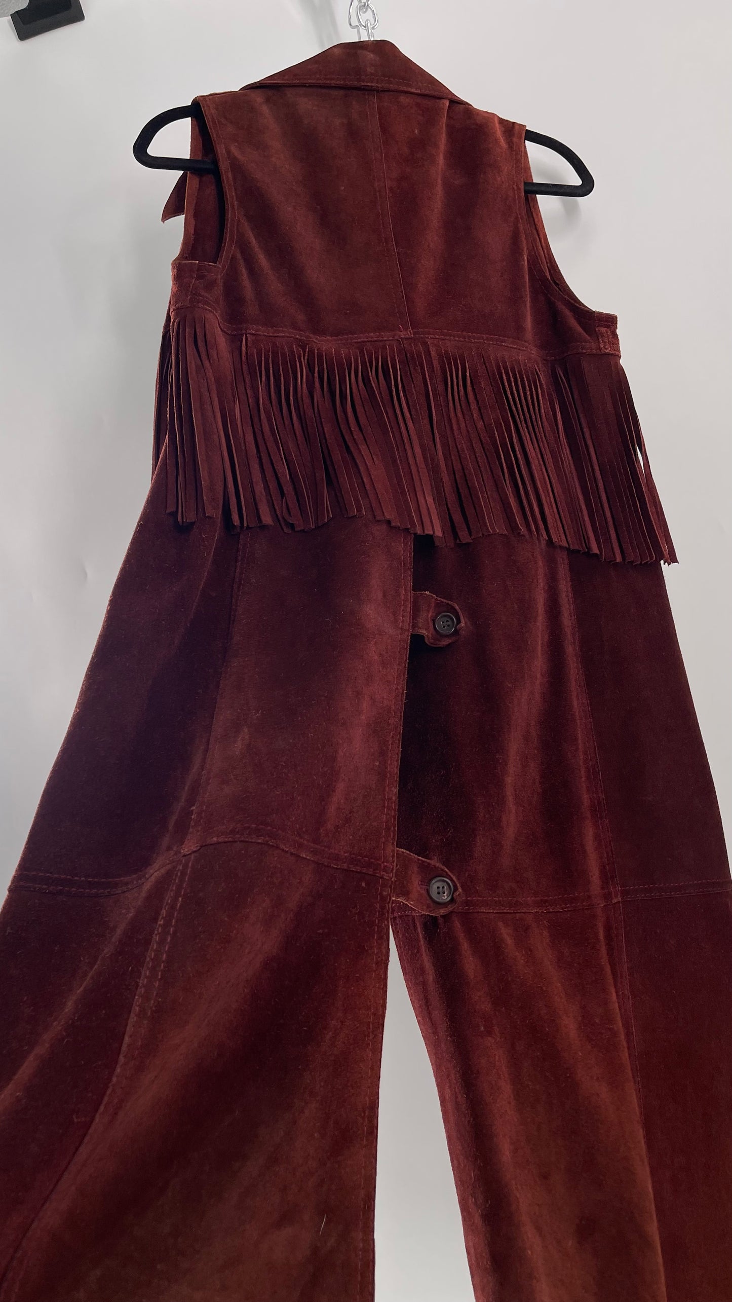 Vintage 1970s Suede Leather Full Length Reddish Brown Vest (S/M)