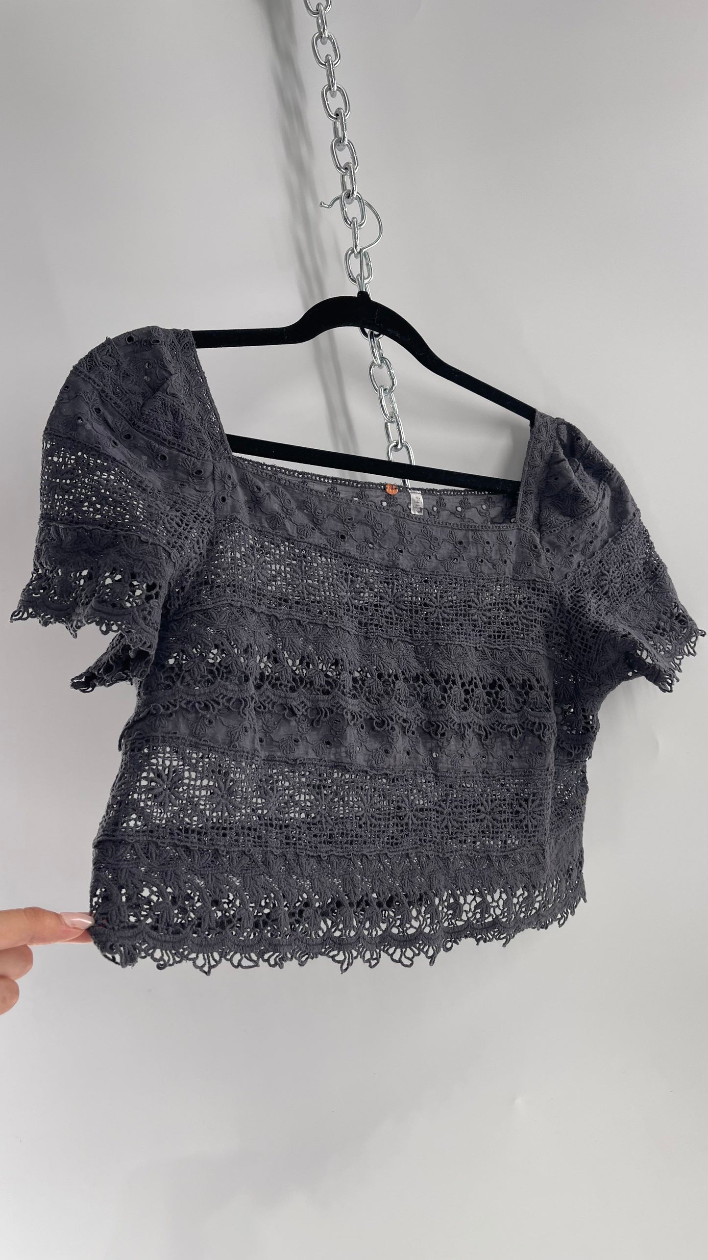 Free People Dark Gray Lace Short Sleeve with Tags Attached (Small)