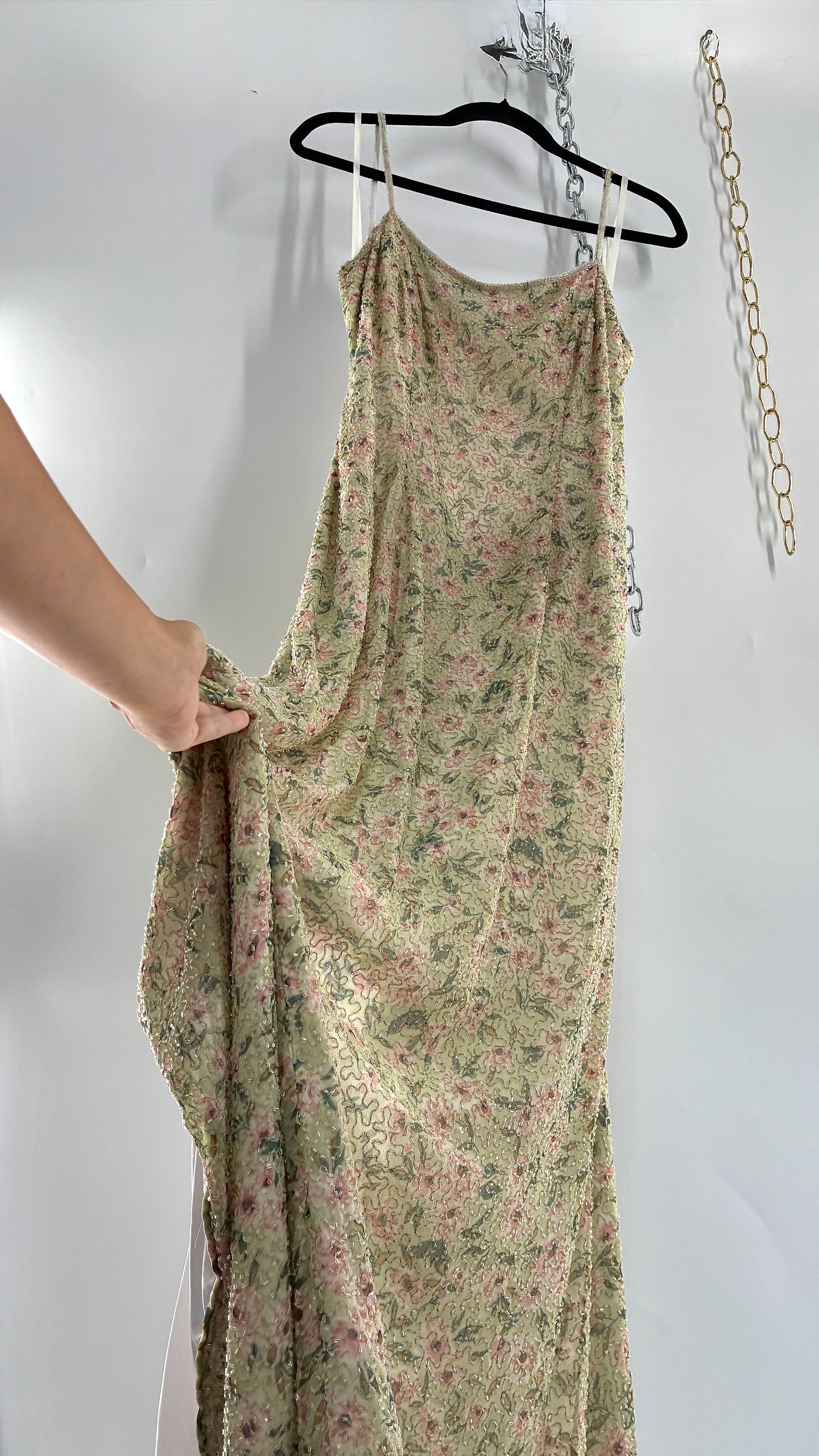 Deadstock Vintage Sage Green Beaded Floral Gown with Open Back, Built in Bust Padding, and Tags Attached (XL)