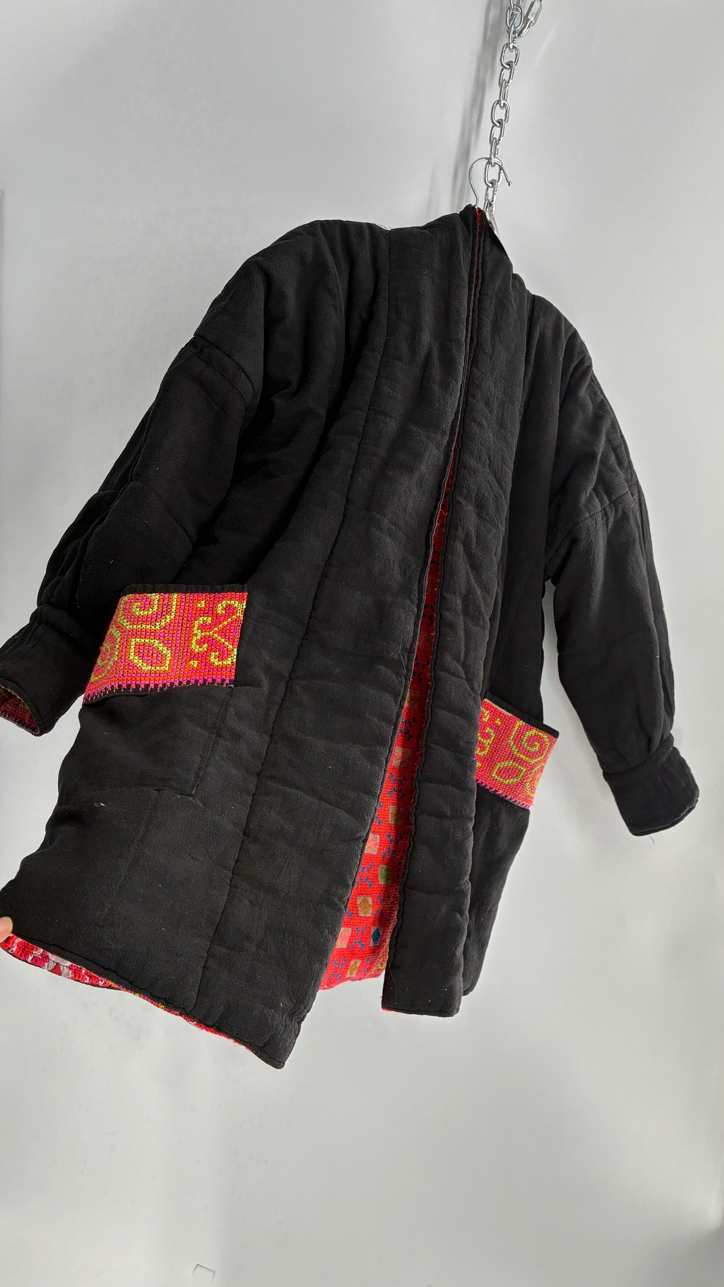 One Size Neon Pink Fully Embroidered and Quilted Reversible Puff Sleeve Coat (Large)