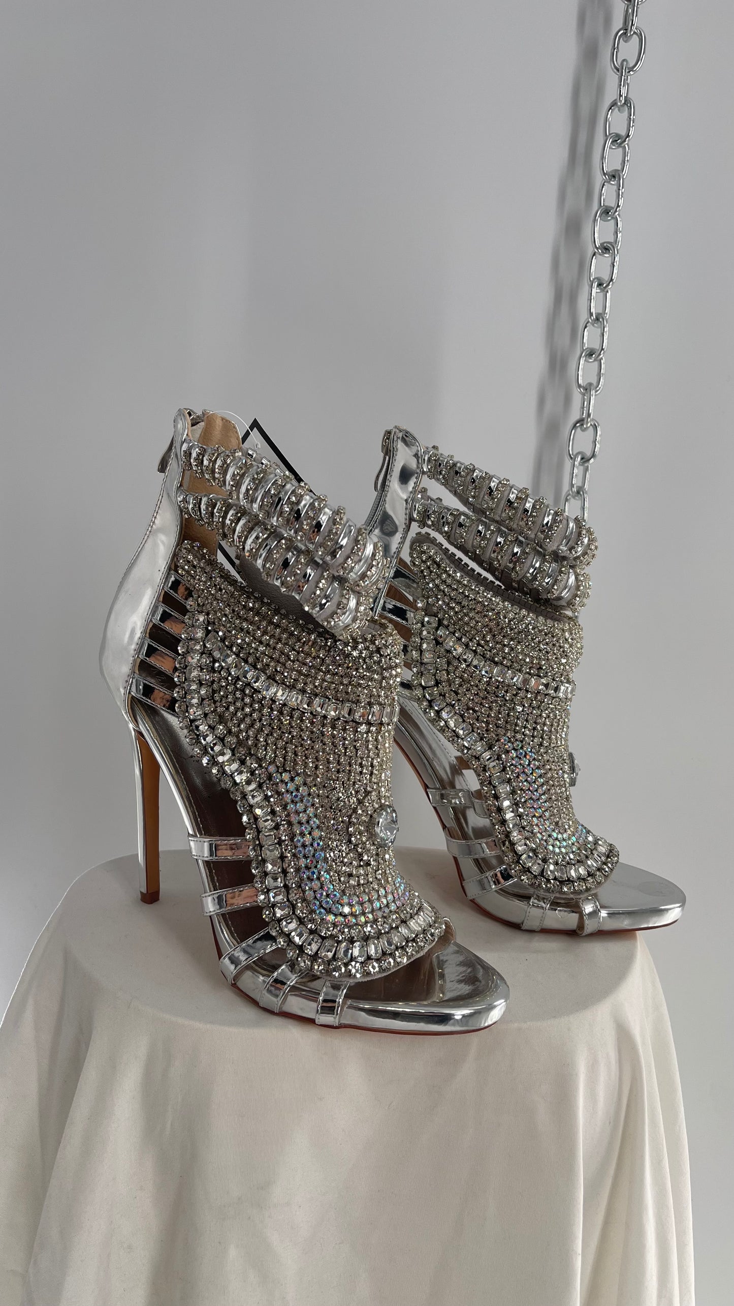 AZALEA WANG Platinum Silver Pusher Crystal Rhinestone Embellished Heel with Ankle Straps (10)